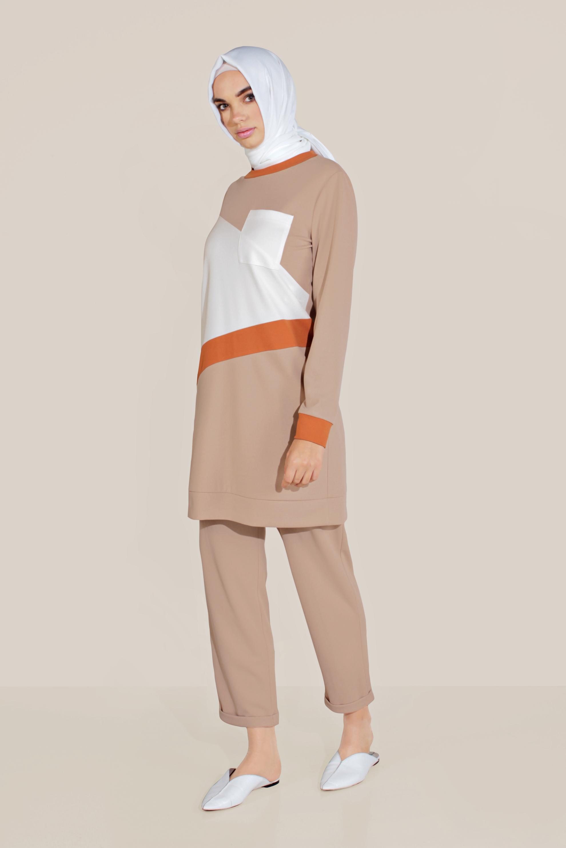 Tesettür giyim BEJ BİSİKLET YAKA PANTOLONLU TAKIM 40803