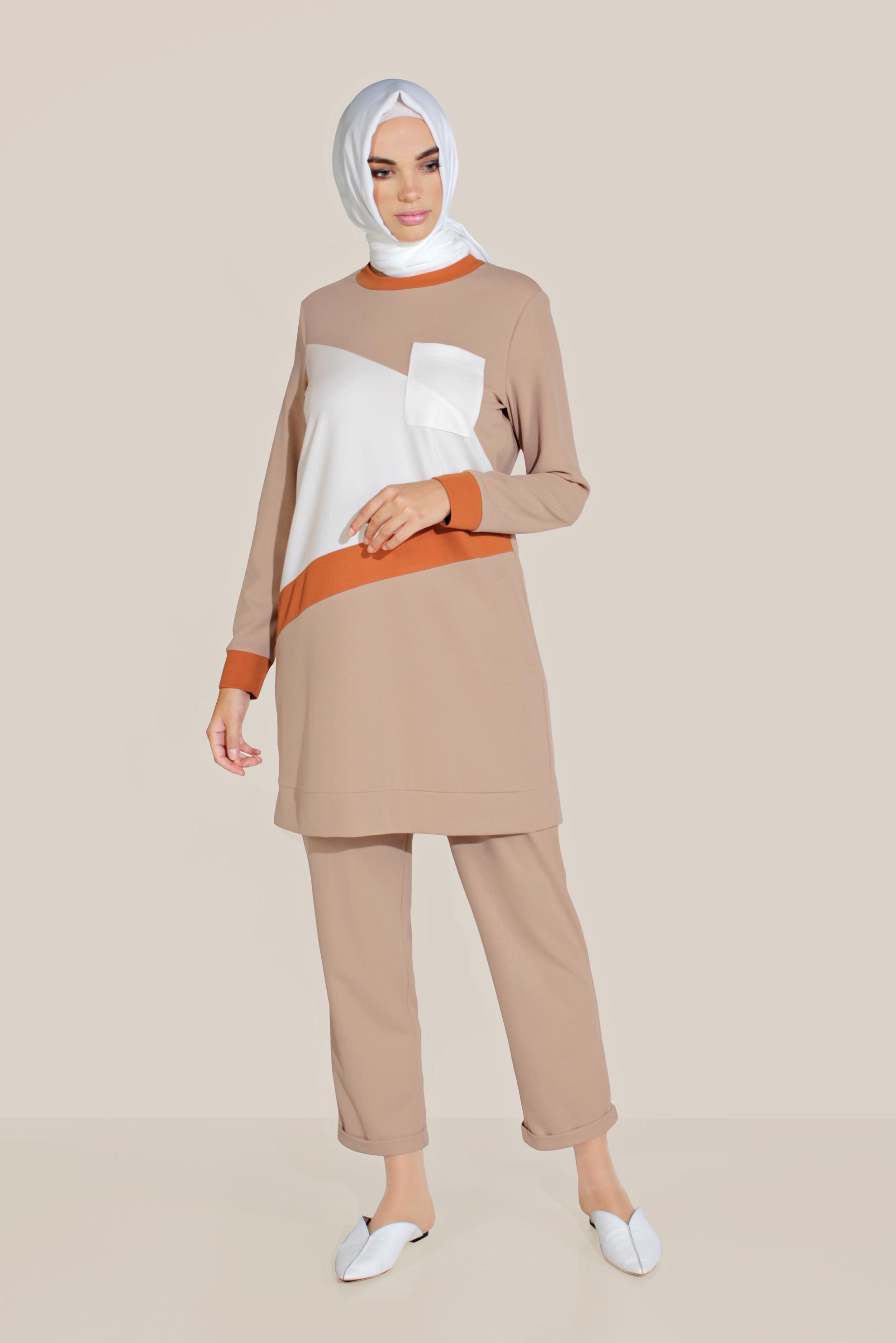 Tesettür giyim BEJ BİSİKLET YAKA PANTOLONLU TAKIM 40803
