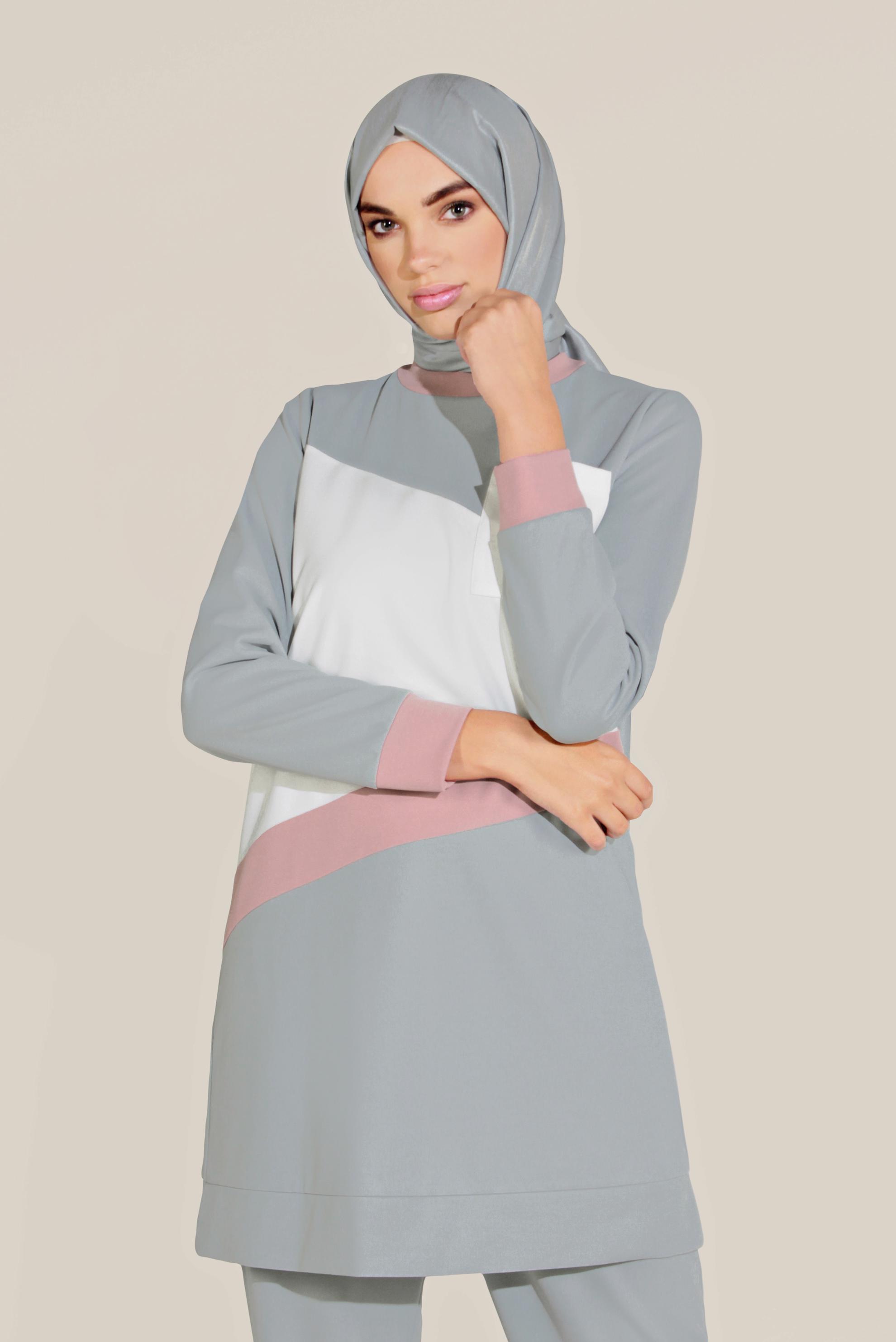 Tesettür giyim GRİ BİSİKLET YAKA PANTOLONLU TAKIM 40803