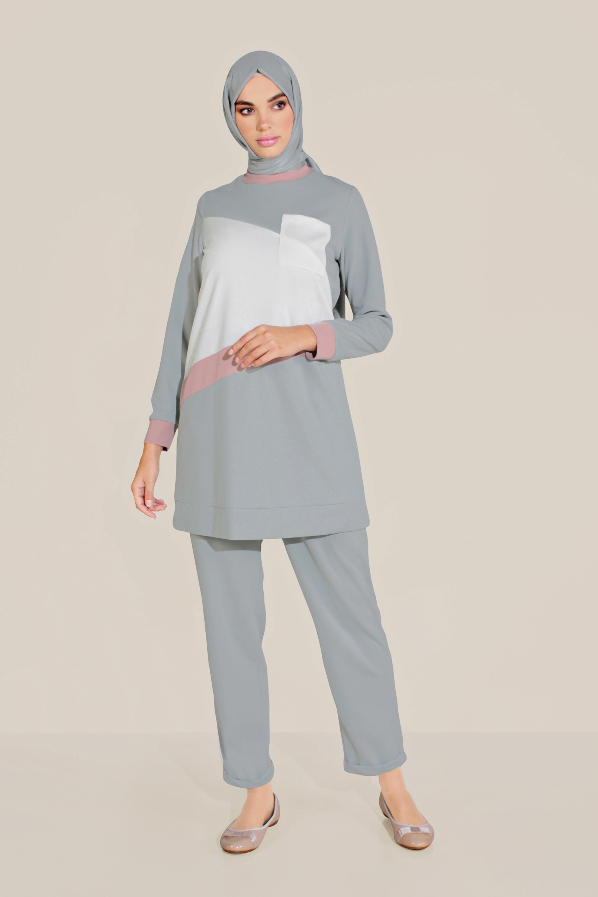 Tesettür giyim GRİ BİSİKLET YAKA PANTOLONLU TAKIM 40803