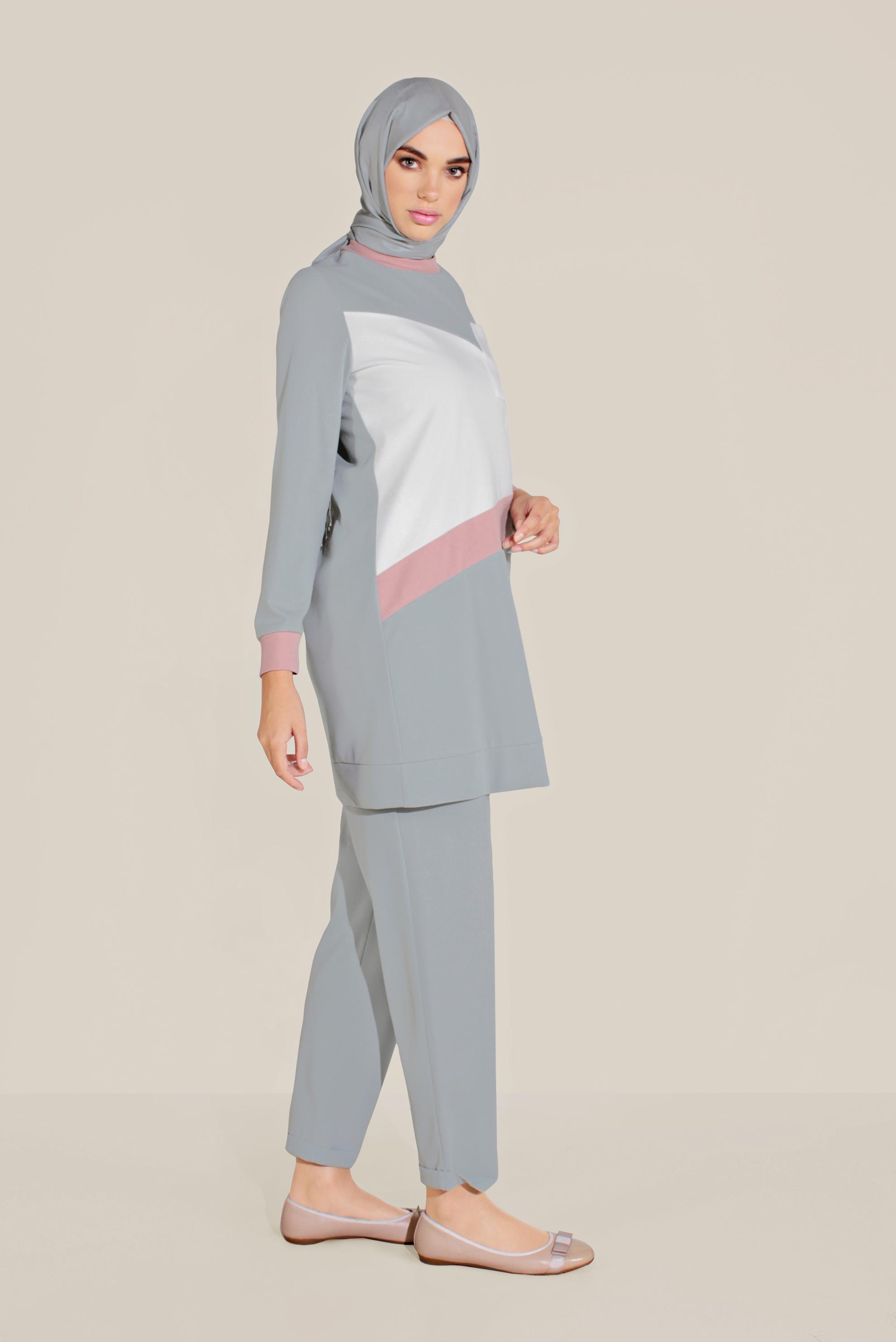 Tesettür giyim GRİ BİSİKLET YAKA PANTOLONLU TAKIM 40803