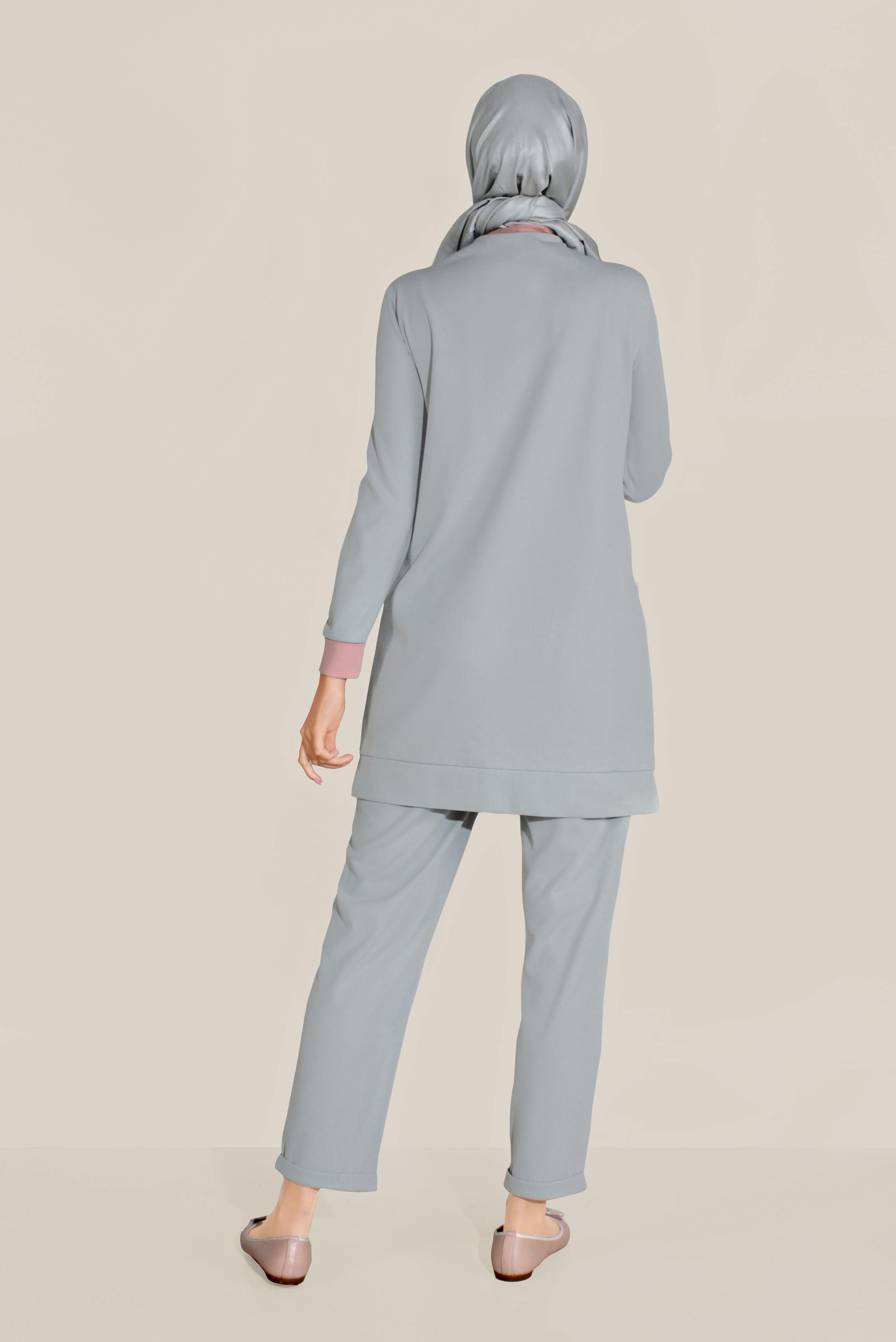 Tesettür giyim GRİ BİSİKLET YAKA PANTOLONLU TAKIM 40803