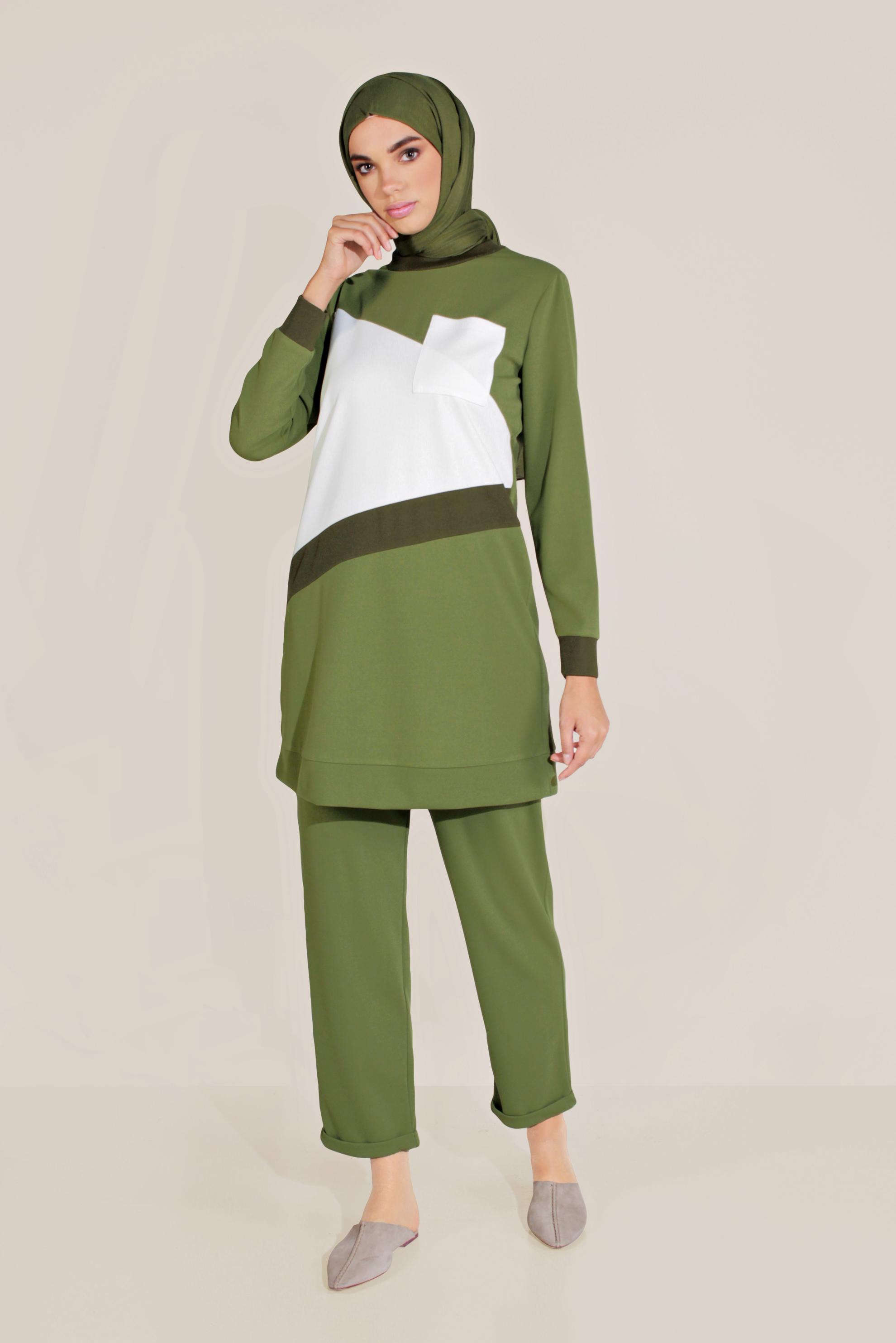 Tesettür giyim HAKİ BİSİKLET YAKA PANTOLONLU TAKIM 40803