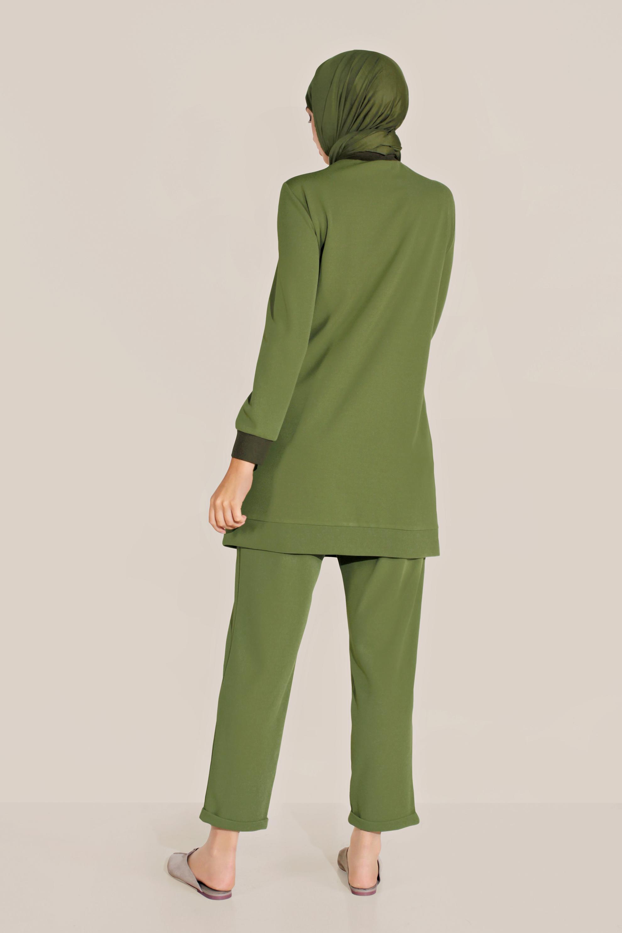 Tesettür giyim HAKİ BİSİKLET YAKA PANTOLONLU TAKIM 40803