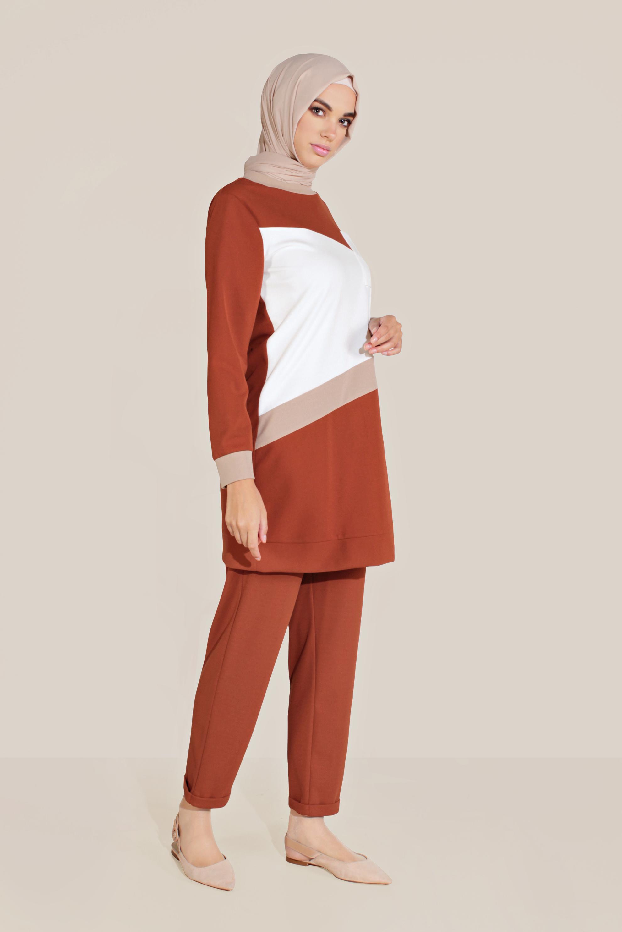 Tesettür giyim TURUNCU BİSİKLET YAKA PANTOLONLU TAKIM 40803