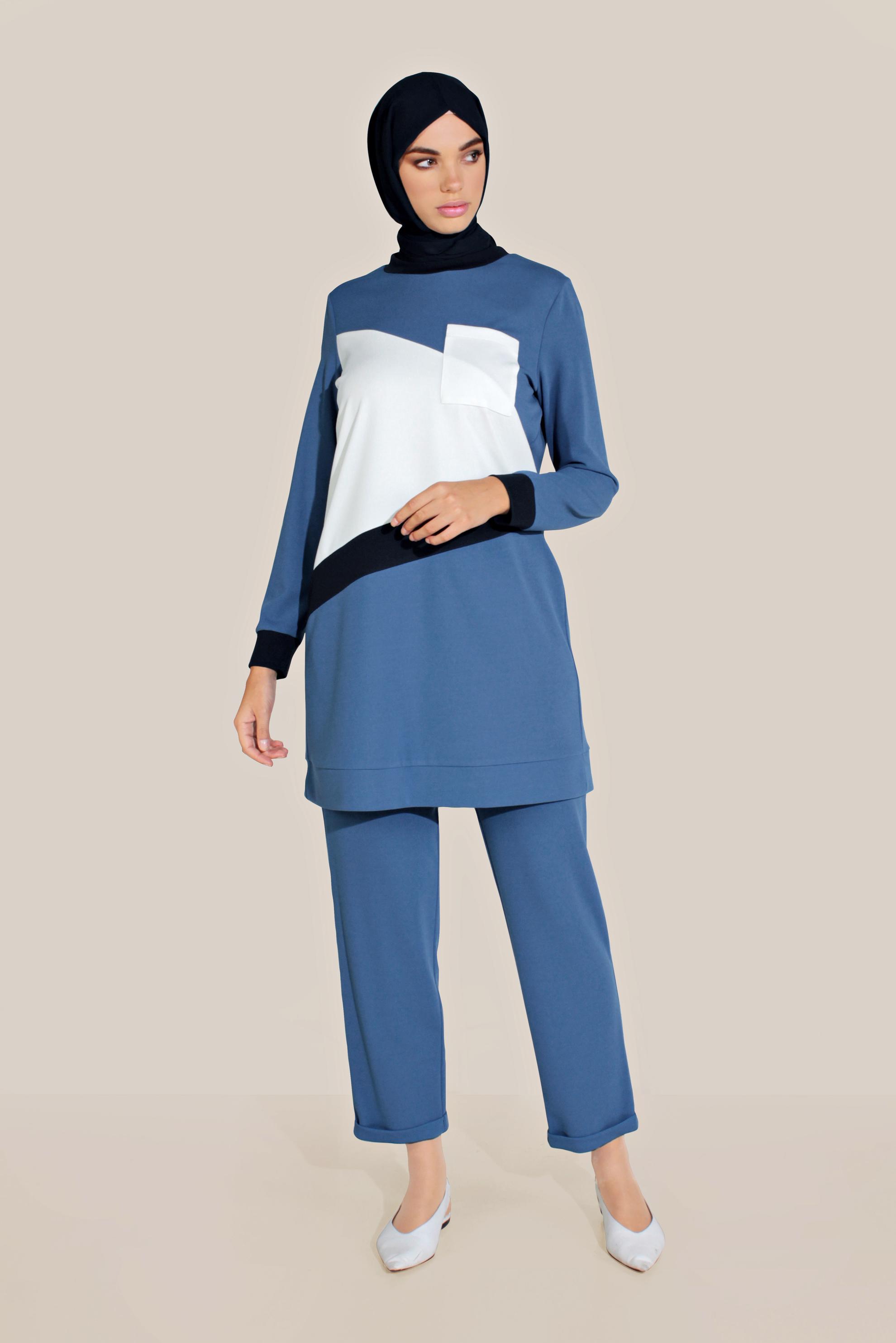 Tesettür giyim LACİVERT BİSİKLET YAKA PANTOLONLU TAKIM 40803
