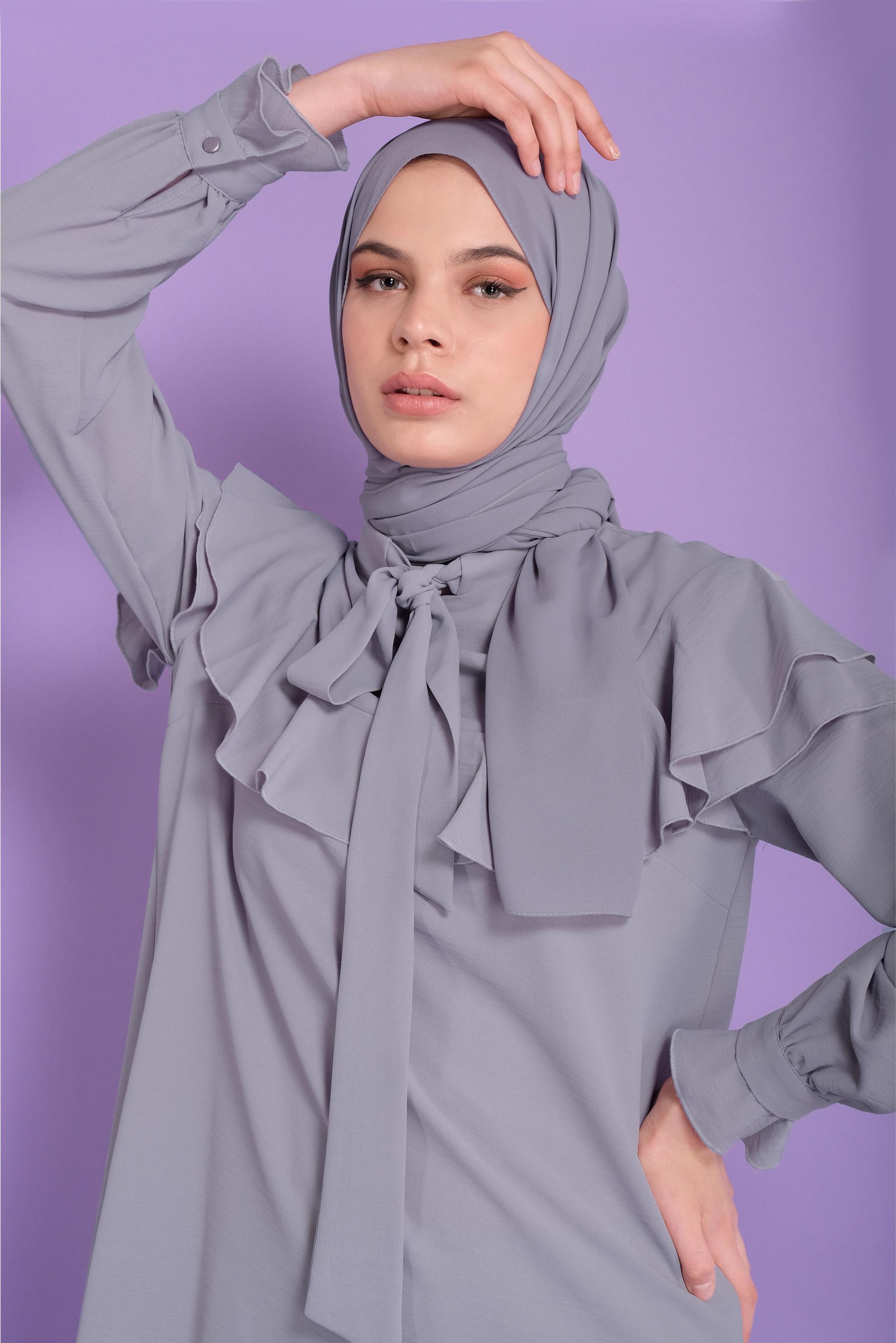 Tesettür giyim GRİ VOLANLI İKİLİ PANTOLONLU TAKIM 40806	