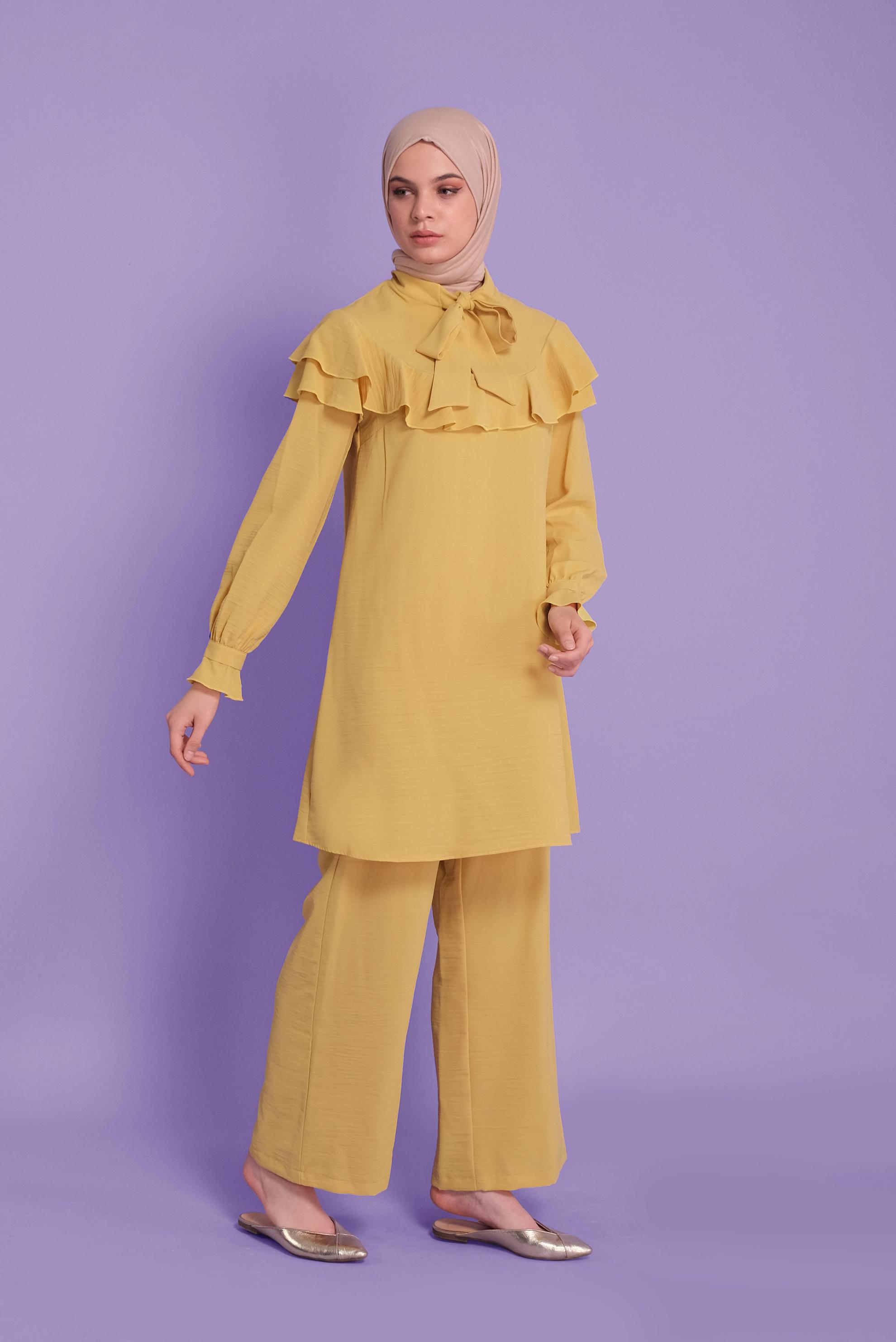 Tesettür giyim SARI VOLANLI İKİLİ PANTOLONLU TAKIM 40806	