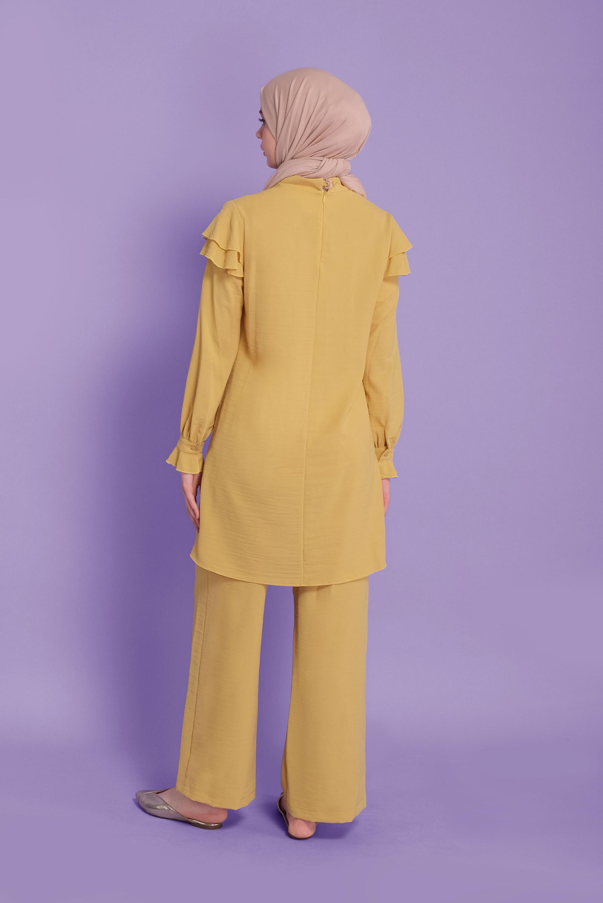 Tesettür giyim SARI VOLANLI İKİLİ PANTOLONLU TAKIM 40806	