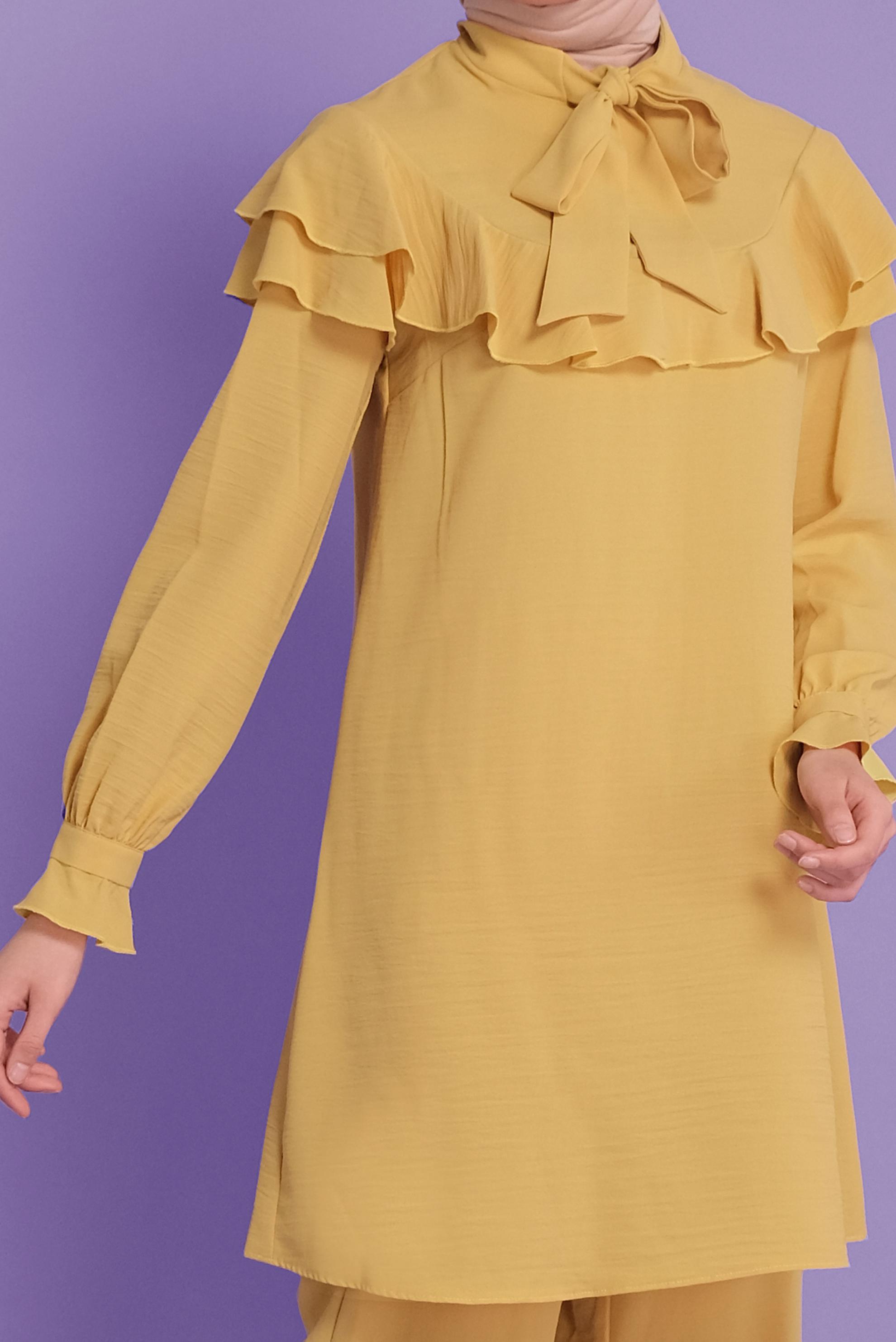 Tesettür giyim SARI VOLANLI İKİLİ PANTOLONLU TAKIM 40806	