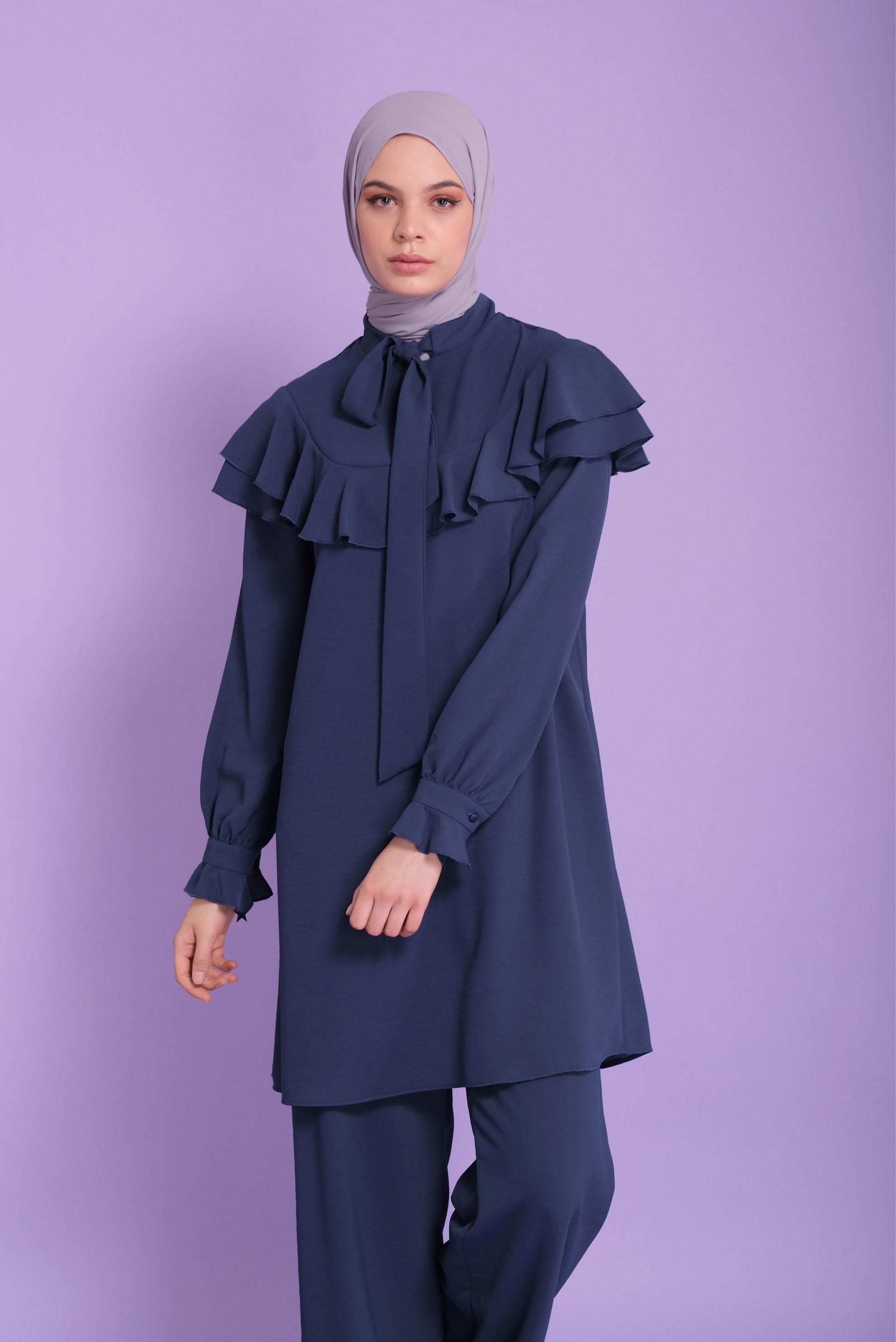 Tesettür giyim LACİVERT VOLANLI İKİLİ PANTOLONLU TAKIM 40806	