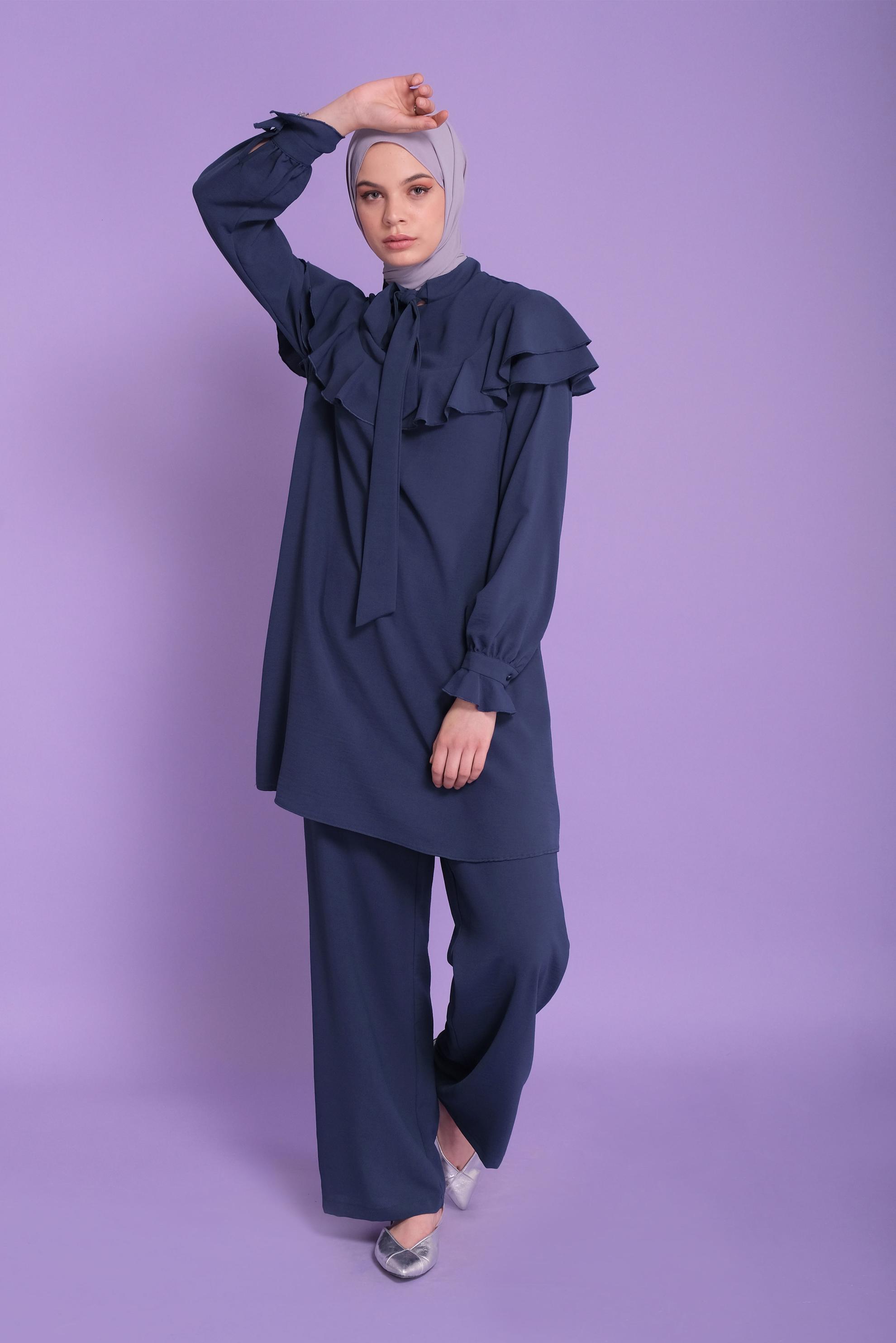 Tesettür giyim LACİVERT VOLANLI İKİLİ PANTOLONLU TAKIM 40806	