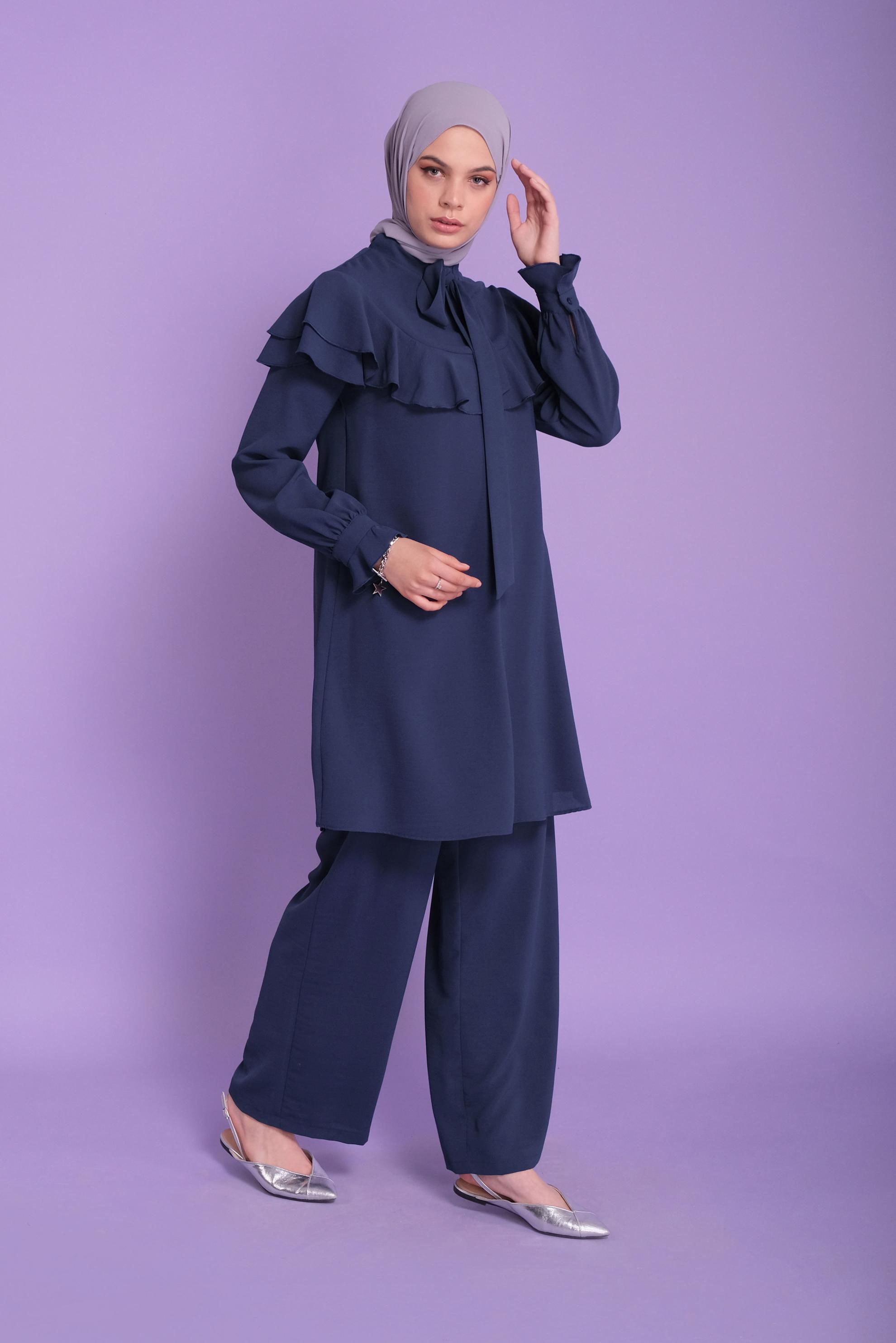 Tesettür giyim LACİVERT VOLANLI İKİLİ PANTOLONLU TAKIM 40806	