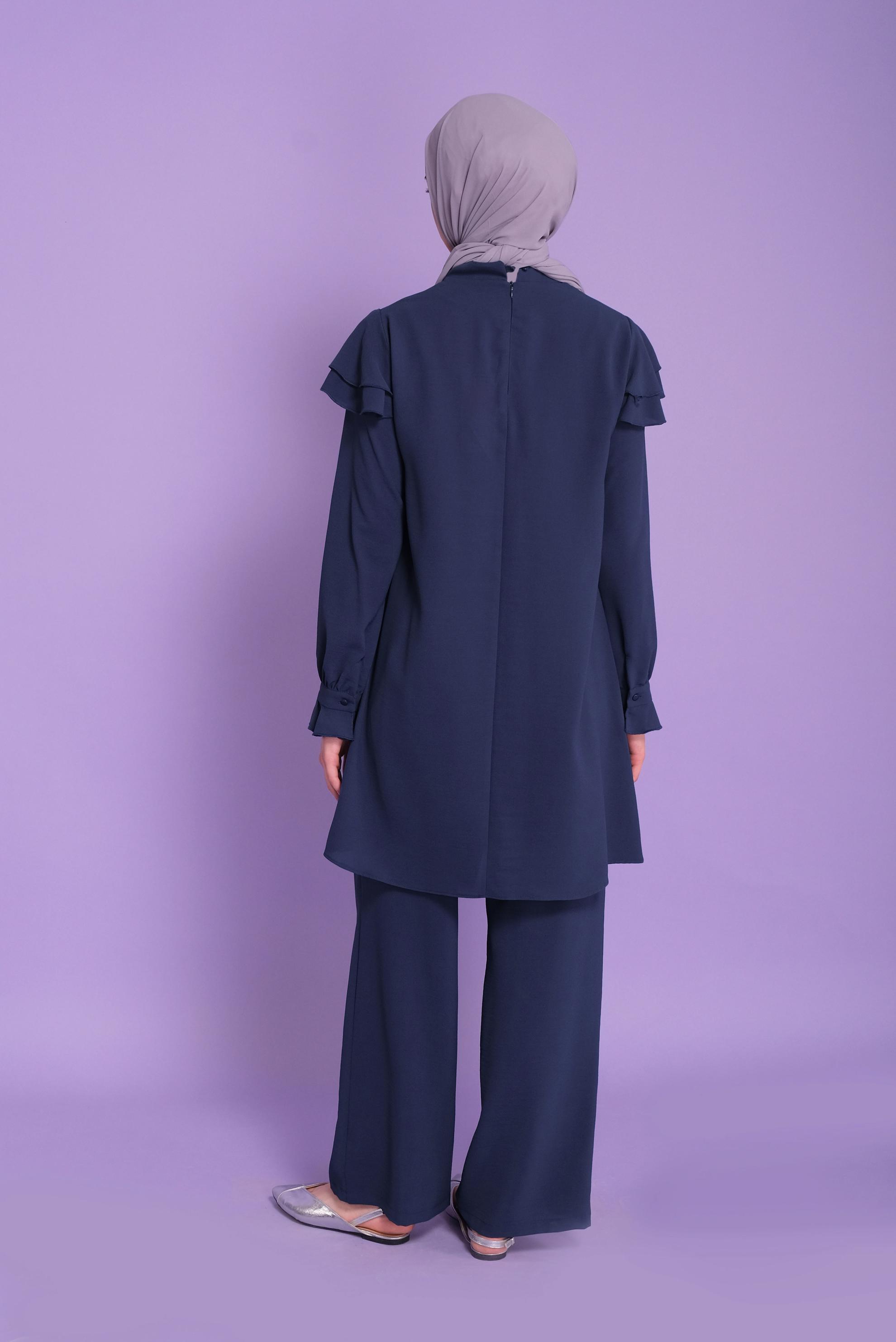 Tesettür giyim LACİVERT VOLANLI İKİLİ PANTOLONLU TAKIM 40806	