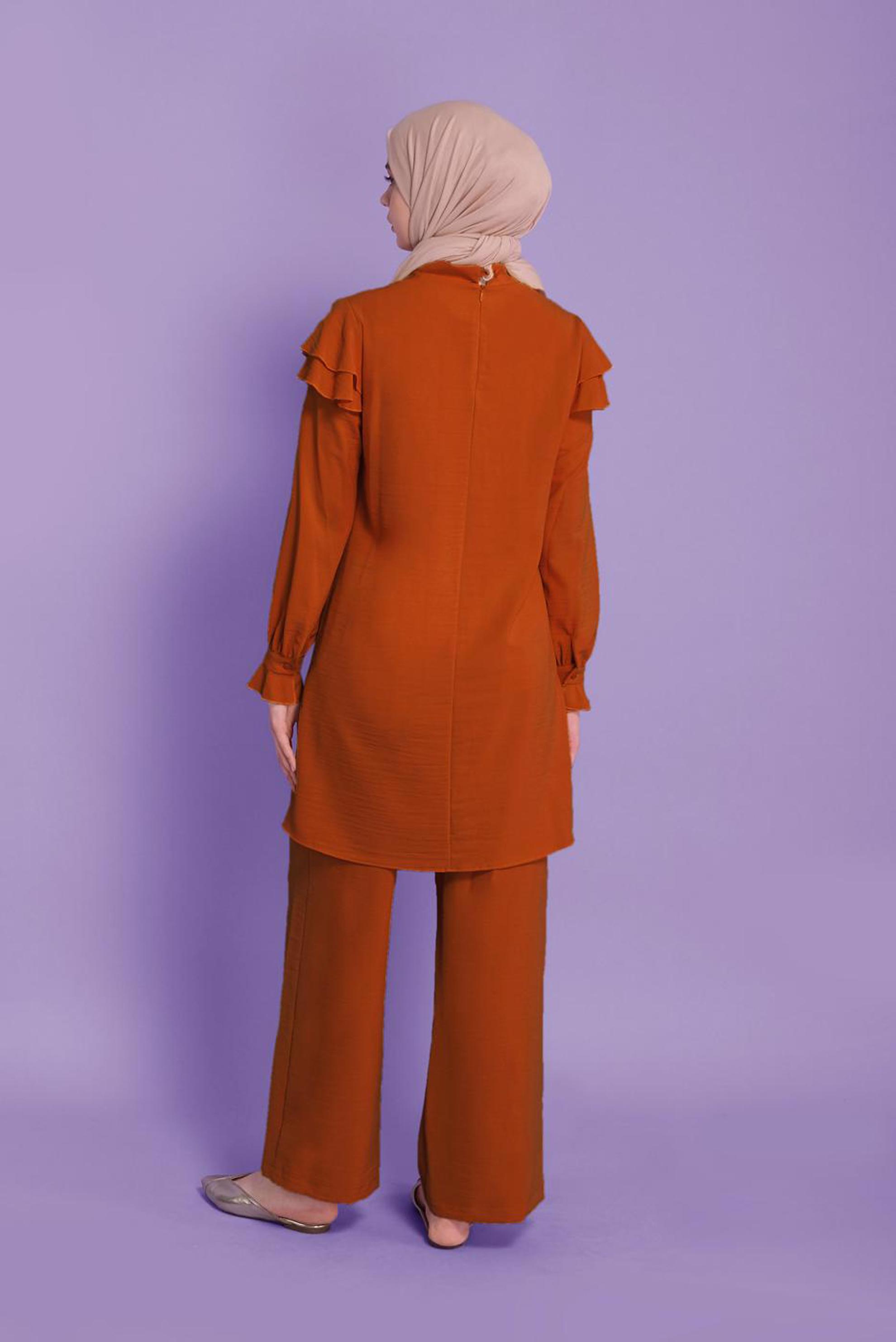 Tesettür giyim TABA VOLANLI İKİLİ PANTOLONLU TAKIM 40806	