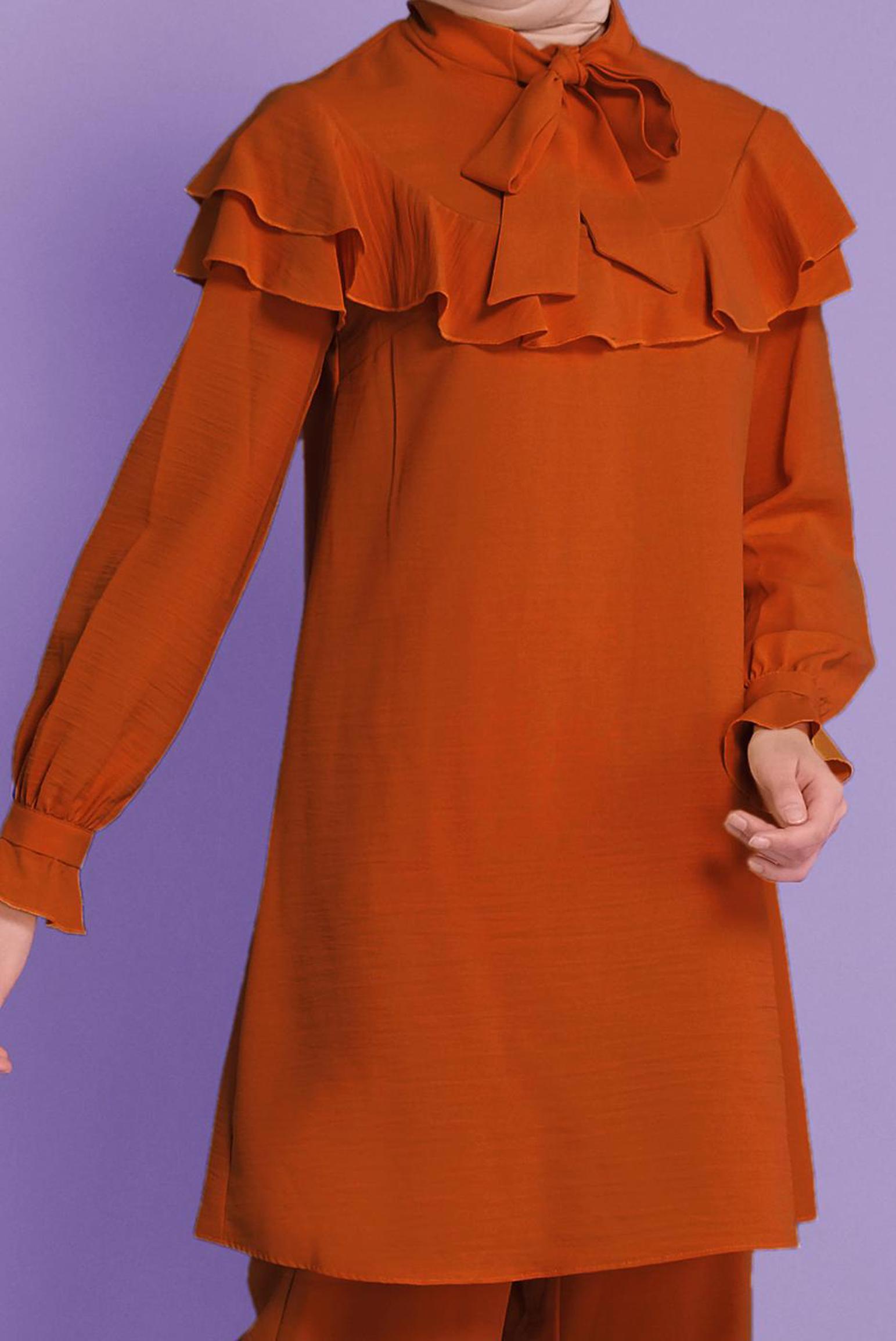 Tesettür giyim TABA VOLANLI İKİLİ PANTOLONLU TAKIM 40806	