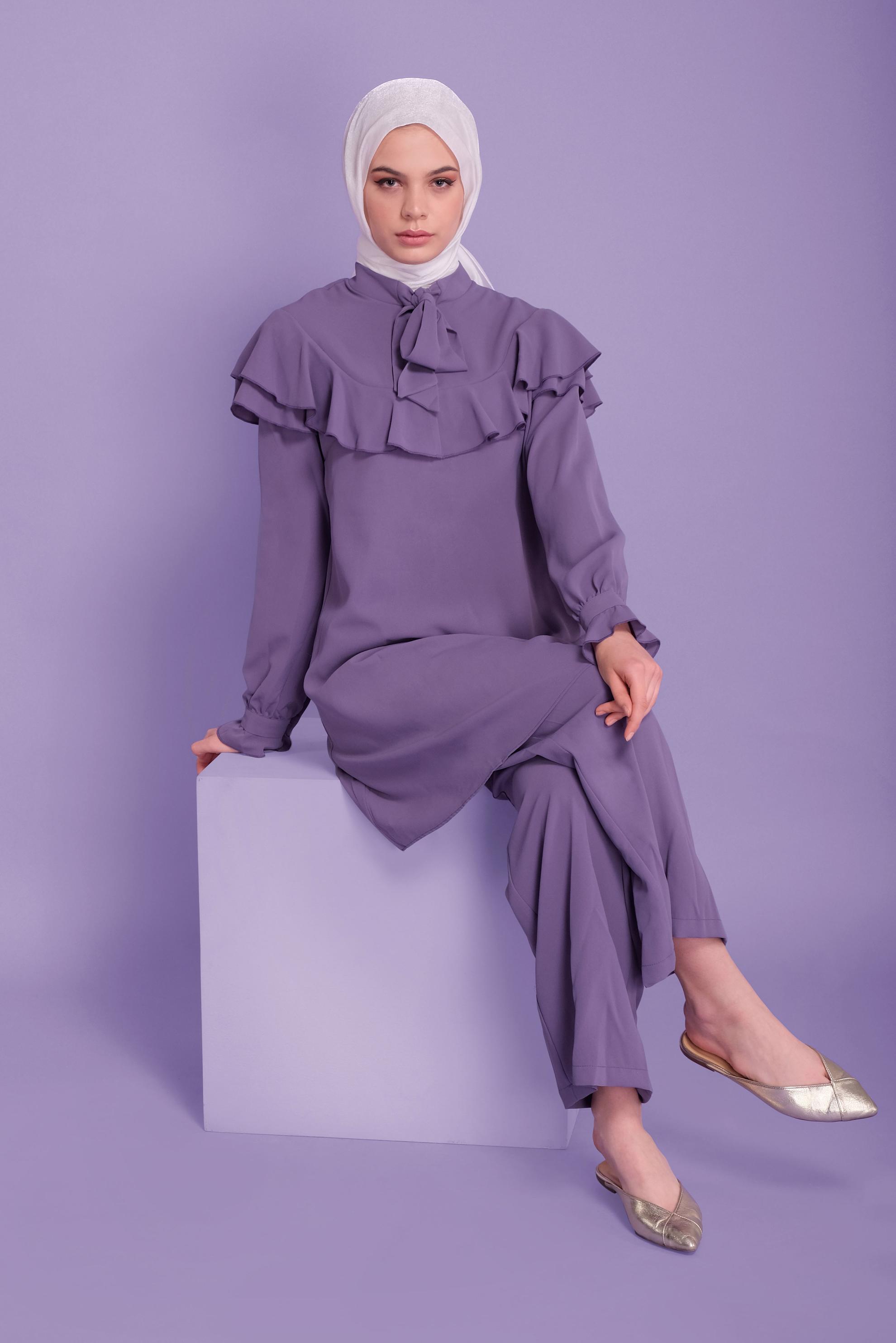 Tesettür giyim MOR VOLANLI İKİLİ PANTOLONLU TAKIM 40806	