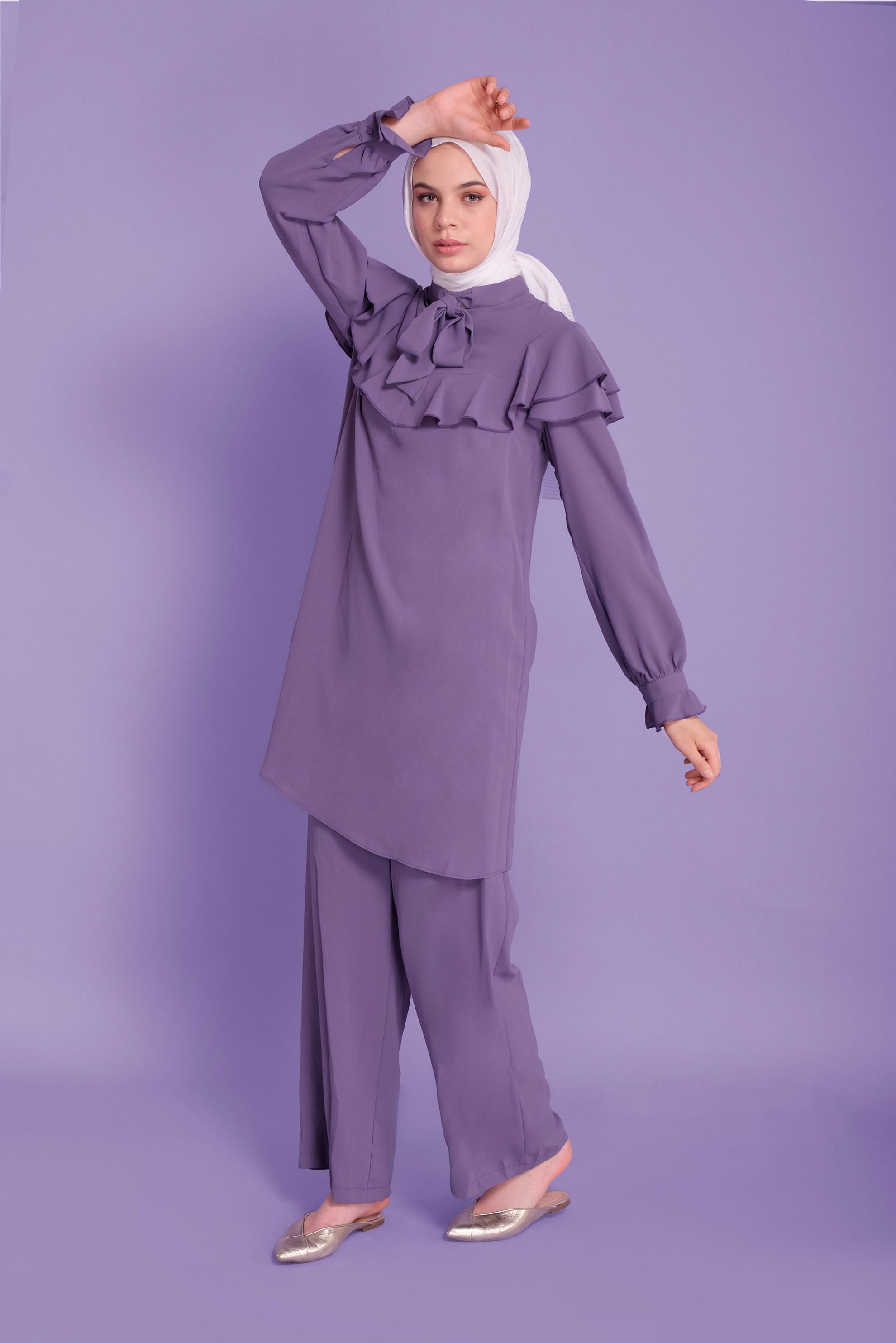 Tesettür giyim MOR VOLANLI İKİLİ PANTOLONLU TAKIM 40806	