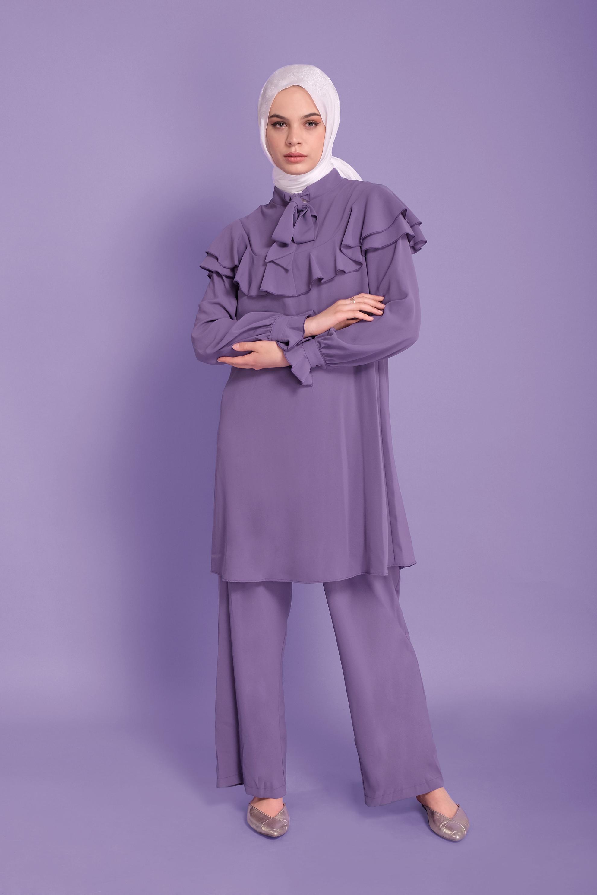 Tesettür giyim MOR VOLANLI İKİLİ PANTOLONLU TAKIM 40806	