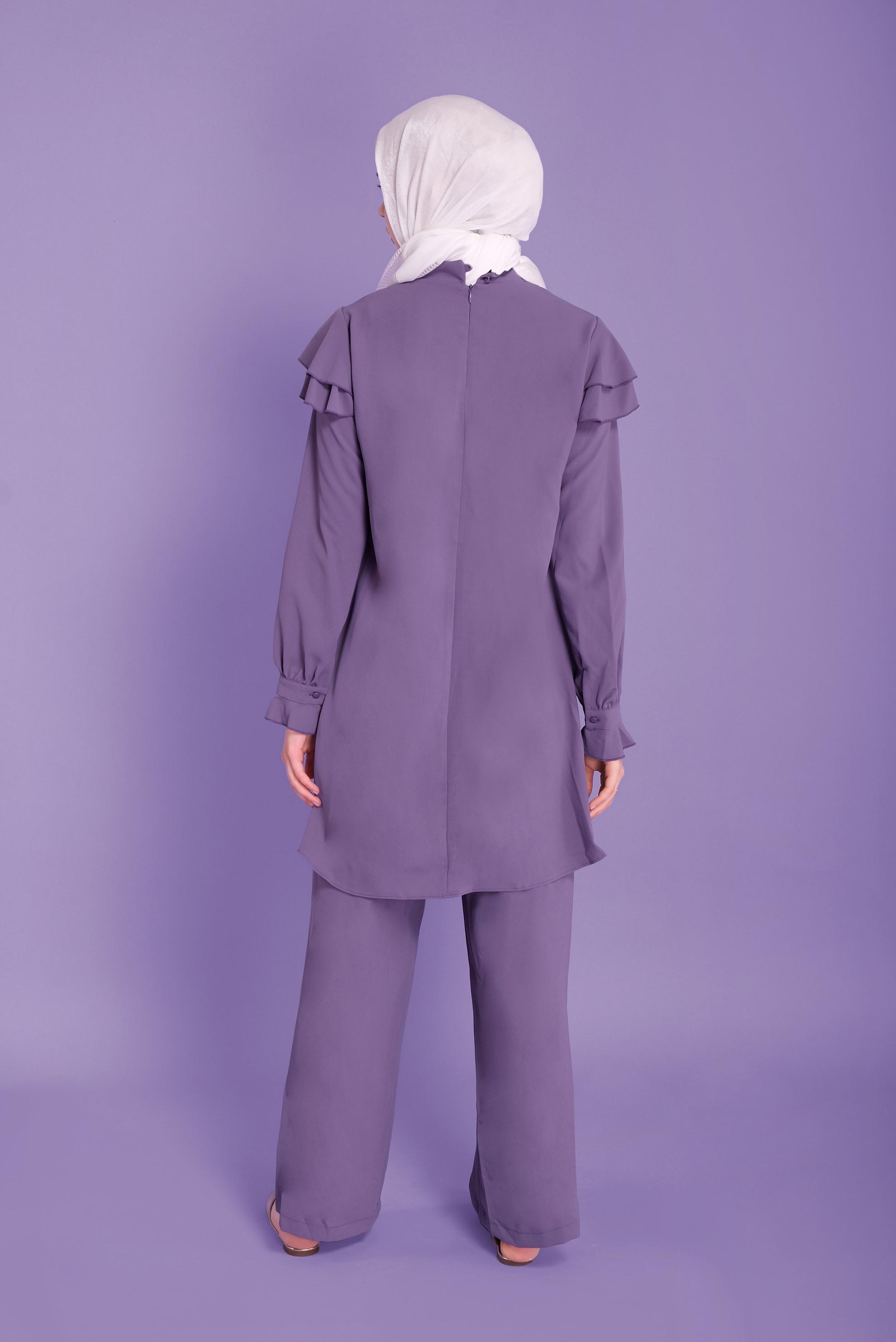 Tesettür giyim MOR VOLANLI İKİLİ PANTOLONLU TAKIM 40806	