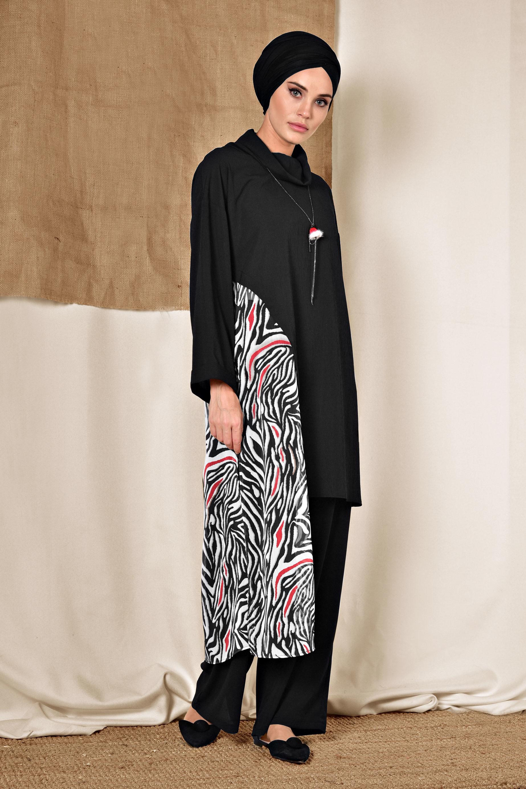 Tesettür giyim KIRMIZI DESENLİ ŞİFON PARÇALI PANTOLONLU TAKIM 4121