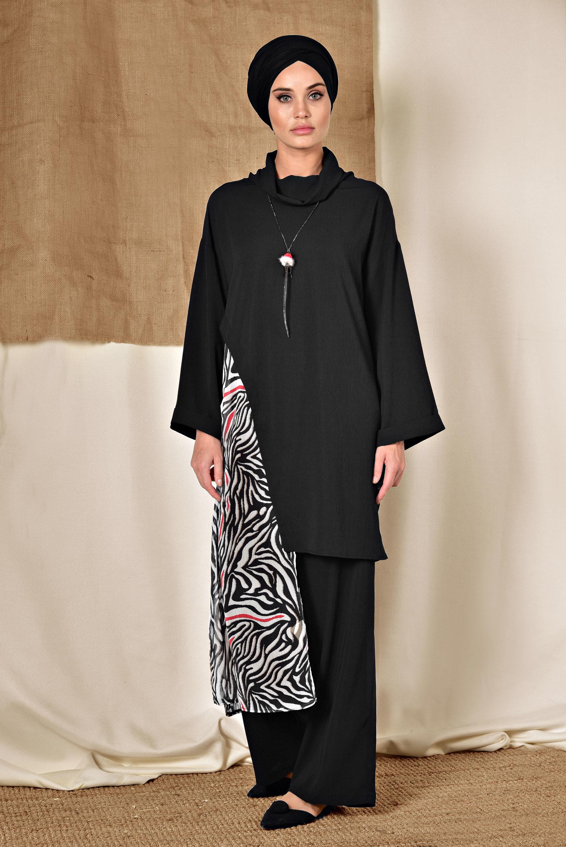 Tesettür giyim KIRMIZI DESENLİ ŞİFON PARÇALI PANTOLONLU TAKIM 4121