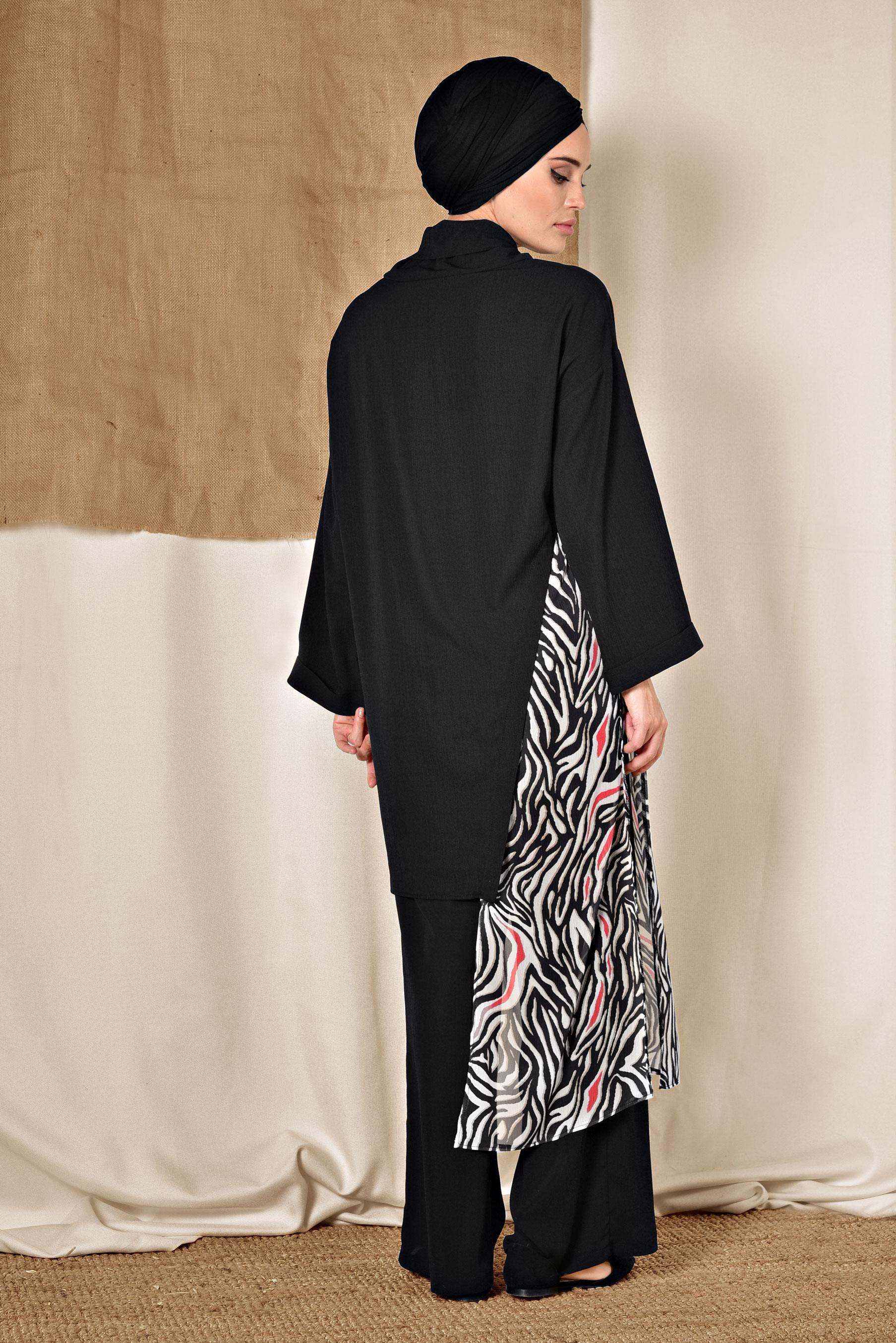 Tesettür giyim KIRMIZI DESENLİ ŞİFON PARÇALI PANTOLONLU TAKIM 4121