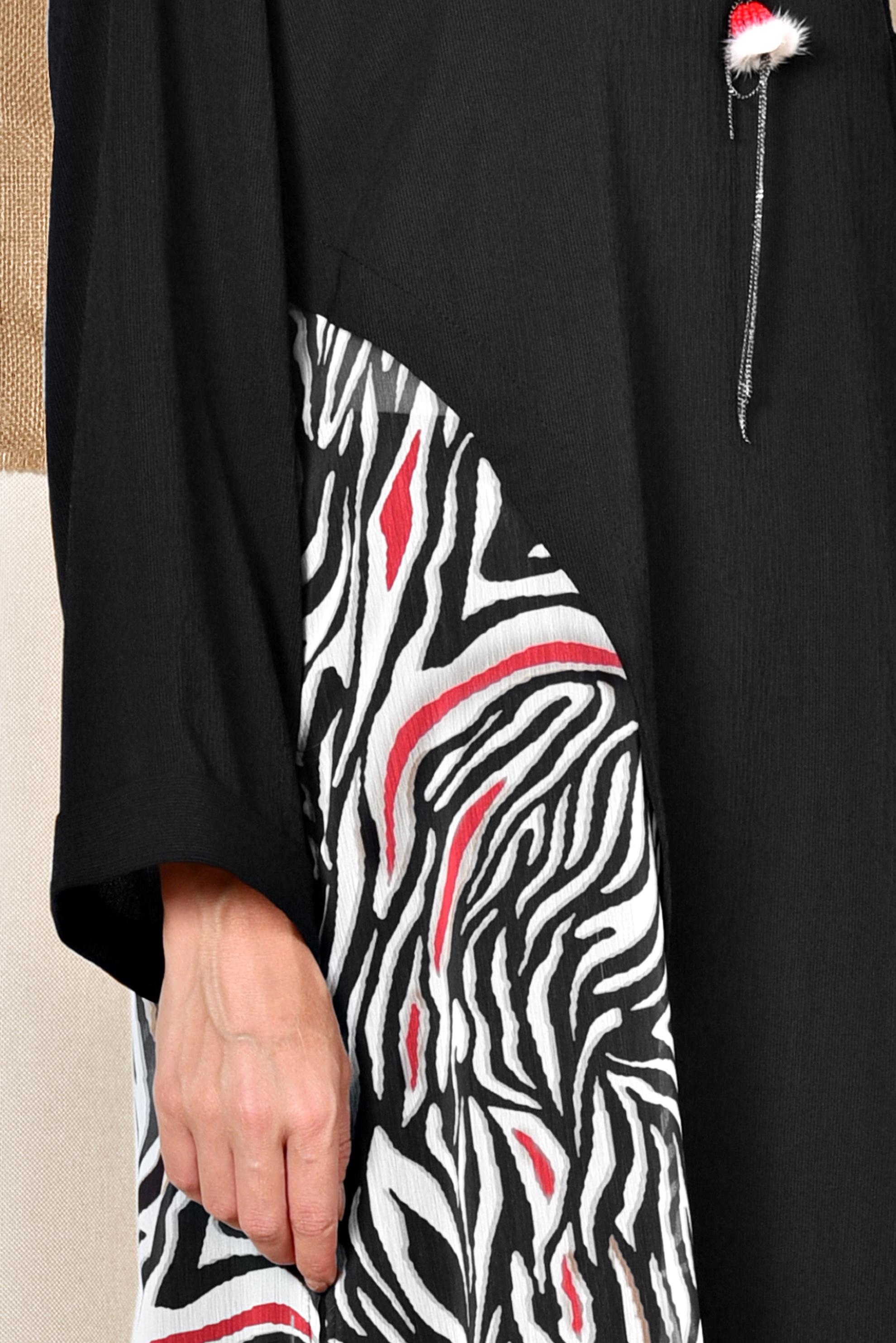 Tesettür giyim KIRMIZI DESENLİ ŞİFON PARÇALI PANTOLONLU TAKIM 4121