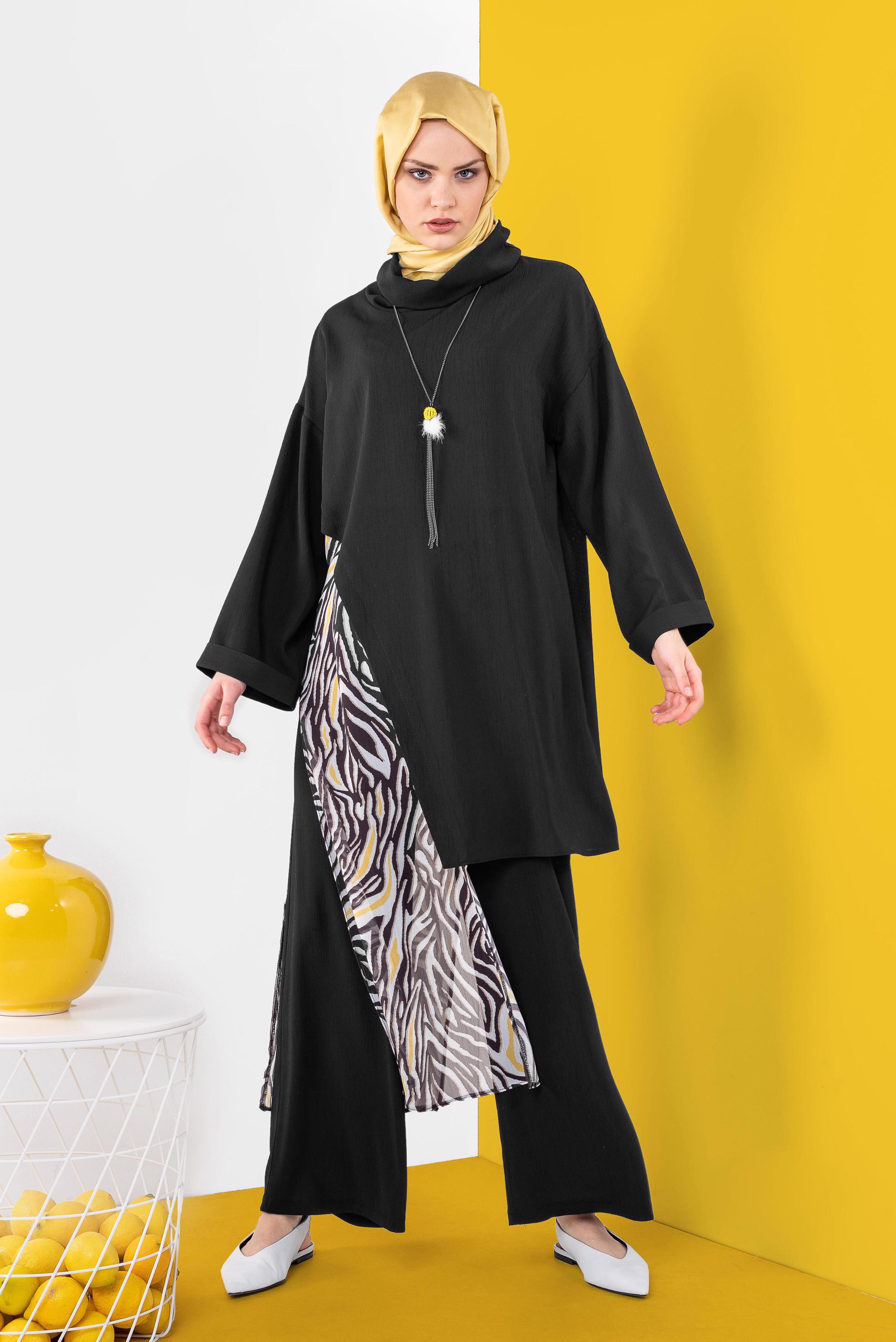 Tesettür giyim SARI DESENLİ ŞİFON PARÇALI PANTOLONLU TAKIM 4121