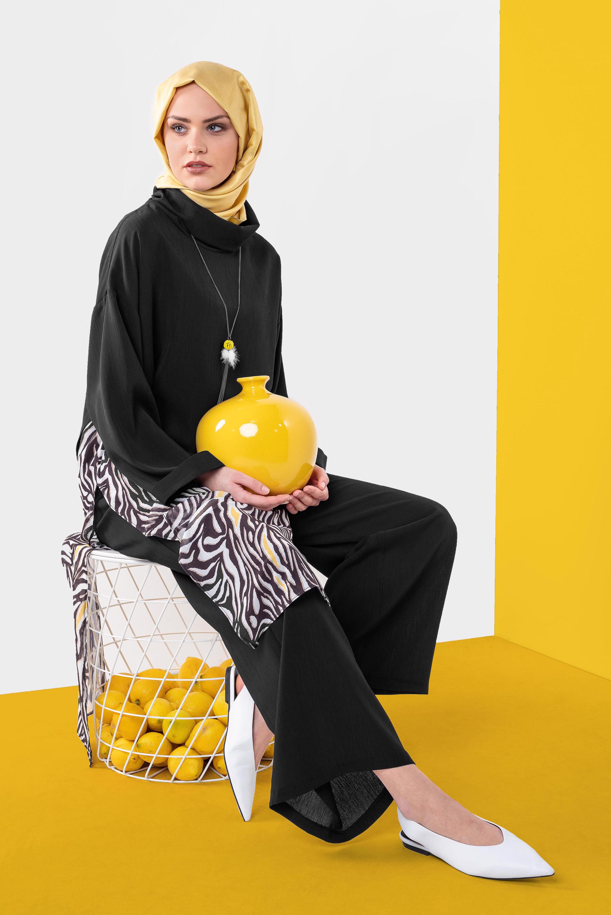 Tesettür giyim SARI DESENLİ ŞİFON PARÇALI PANTOLONLU TAKIM 4121