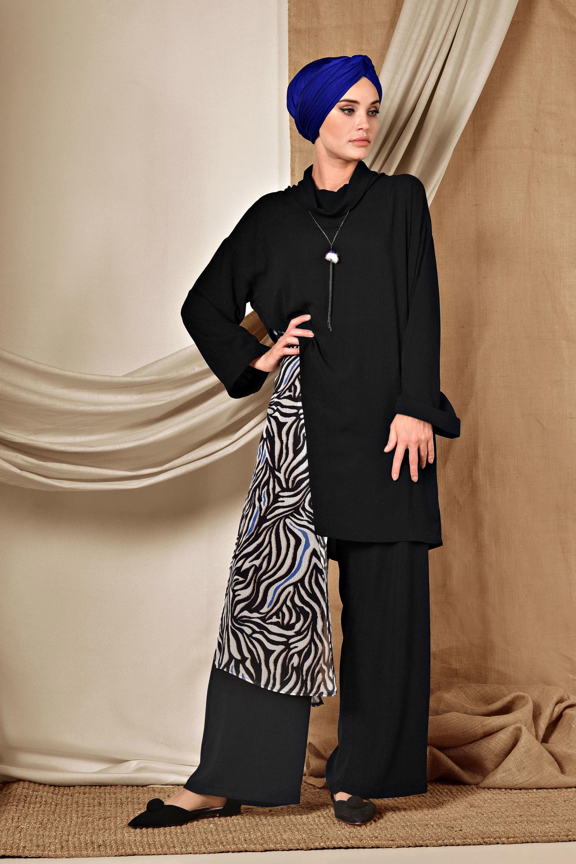 Tesettür giyim LACİVERT DESENLİ ŞİFON PARÇALI PANTOLONLU TAKIM 4121