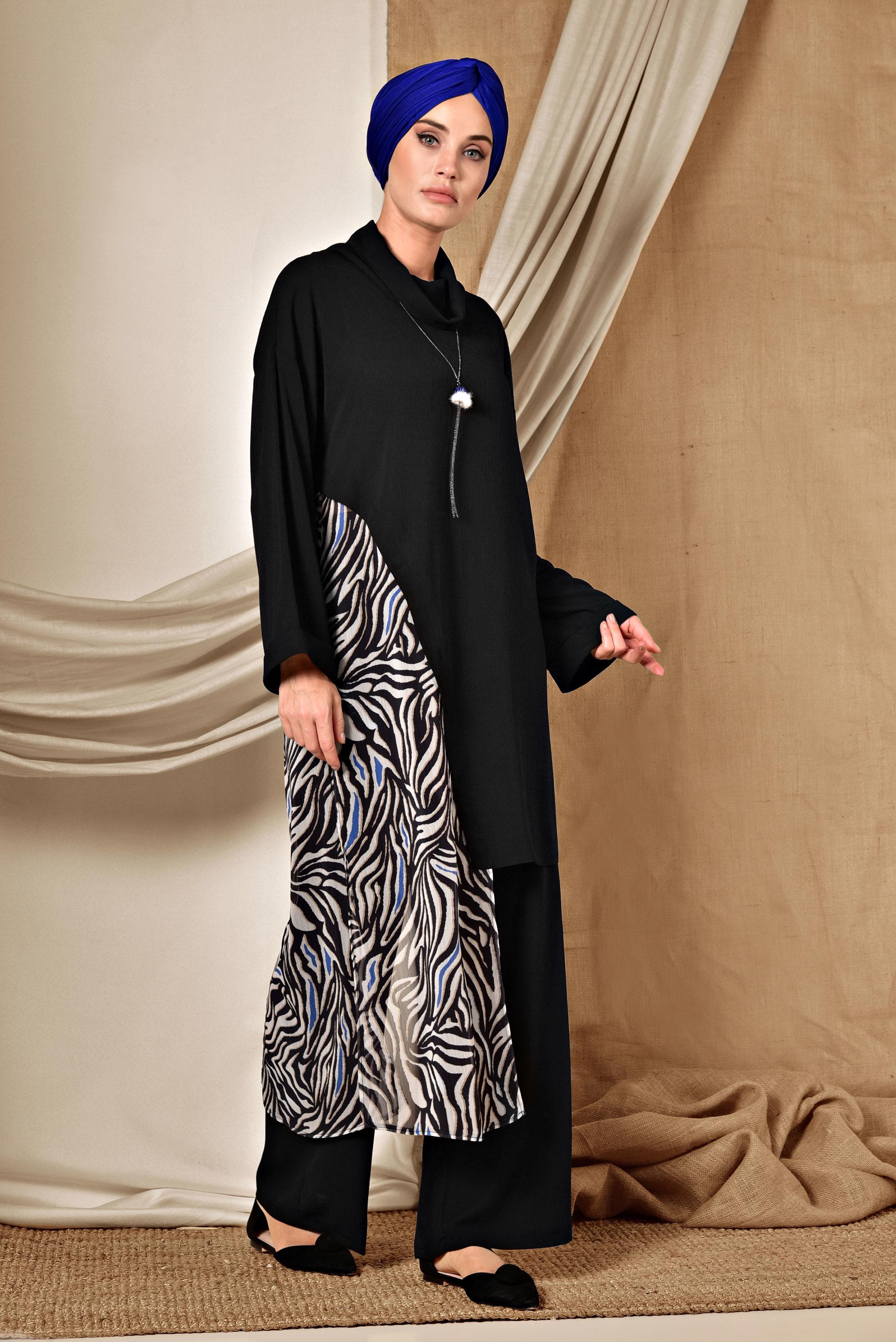 Tesettür giyim LACİVERT DESENLİ ŞİFON PARÇALI PANTOLONLU TAKIM 4121