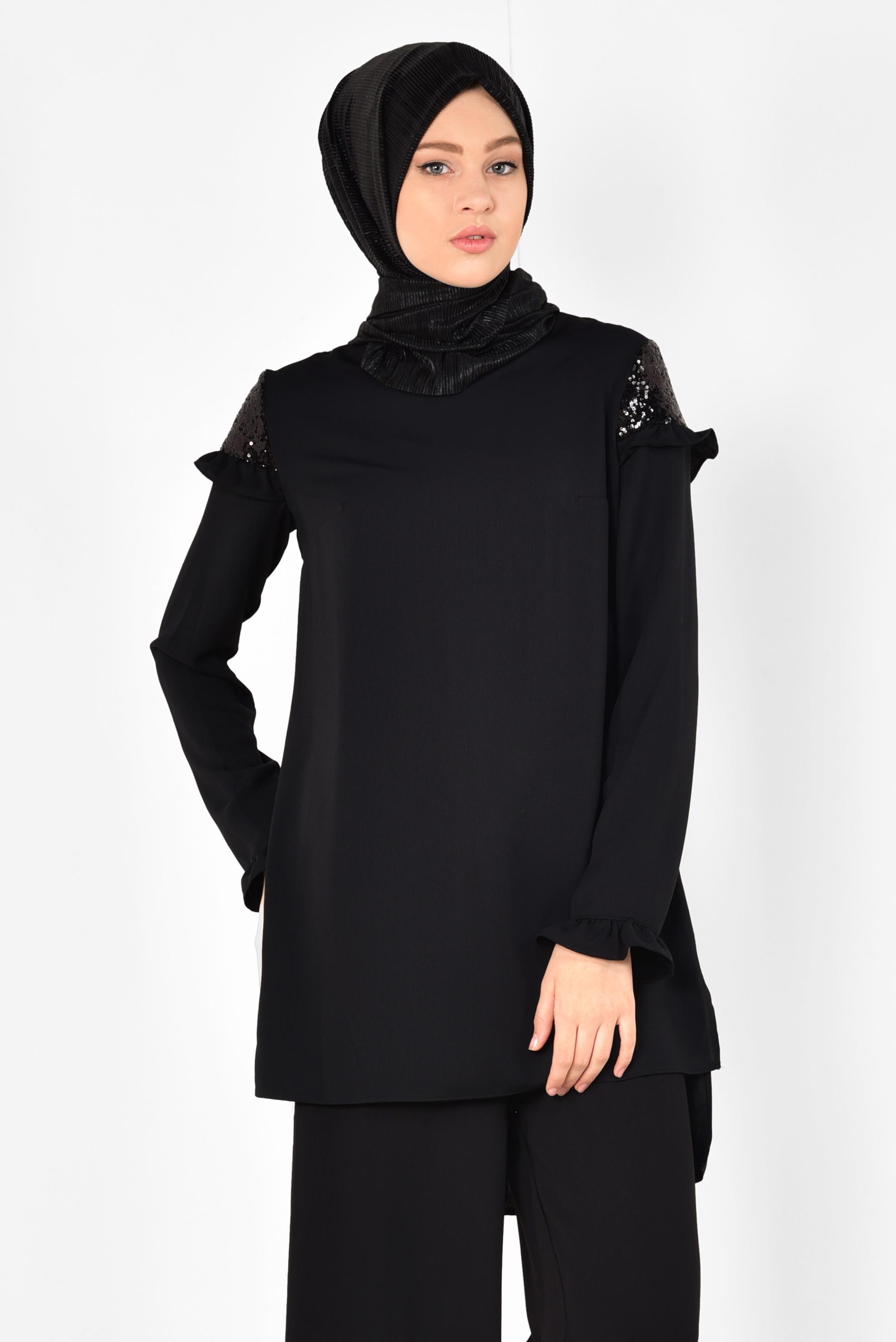 Tesettür giyim SİYAH PULLU FIRFIRLI PANTOLONLU TAKIM 4252
