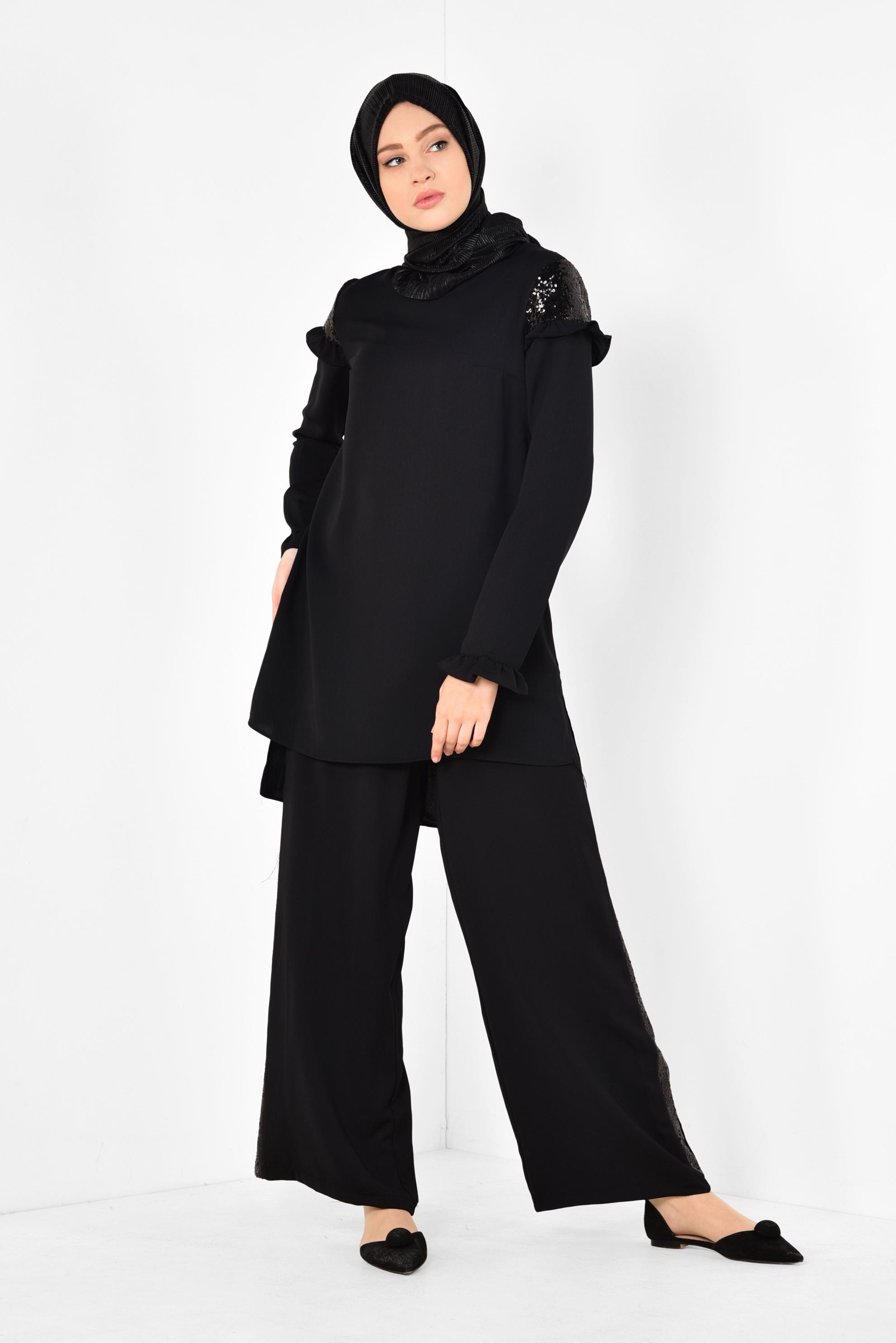 Tesettür giyim SİYAH PULLU FIRFIRLI PANTOLONLU TAKIM 4252