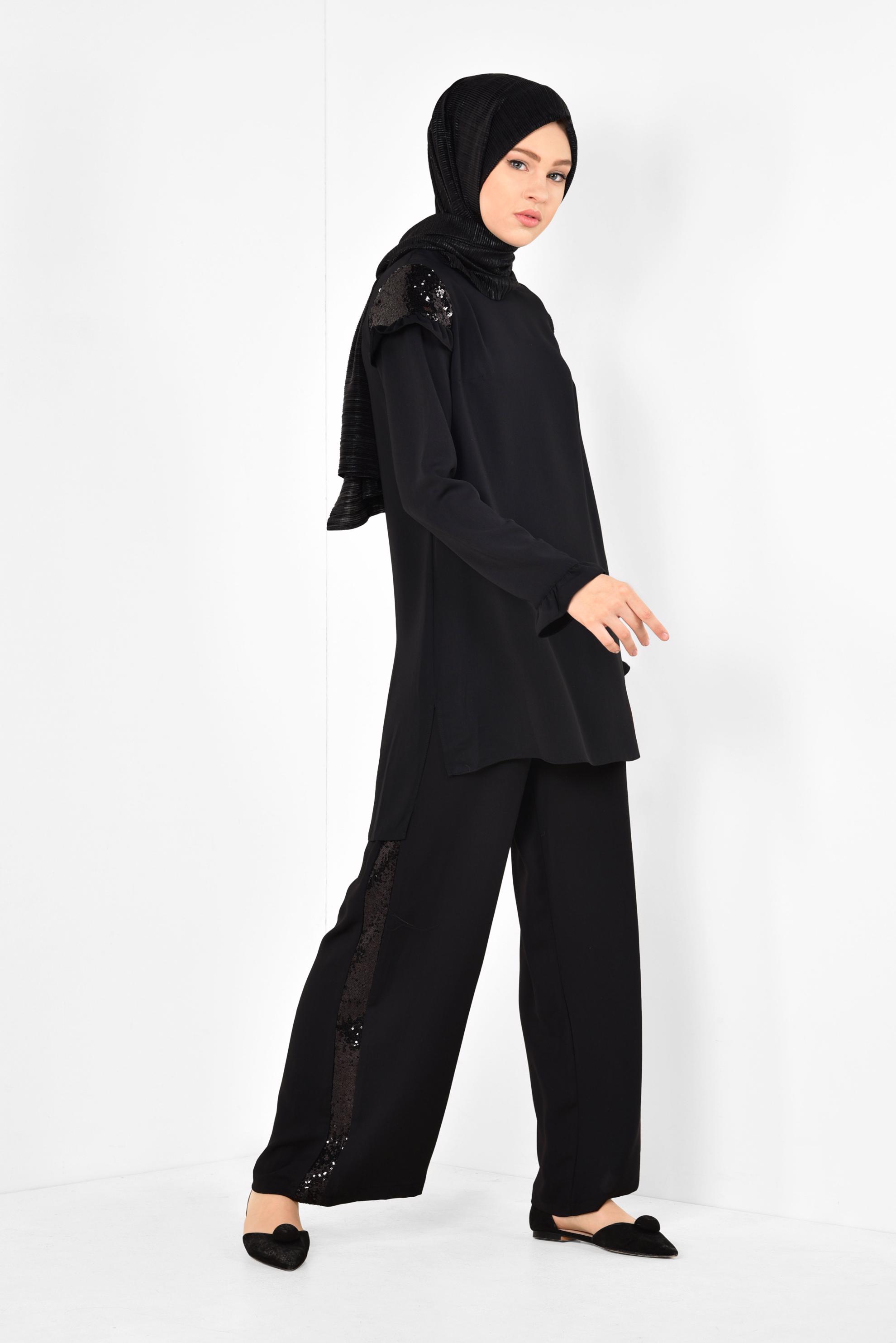 Tesettür giyim SİYAH PULLU FIRFIRLI PANTOLONLU TAKIM 4252