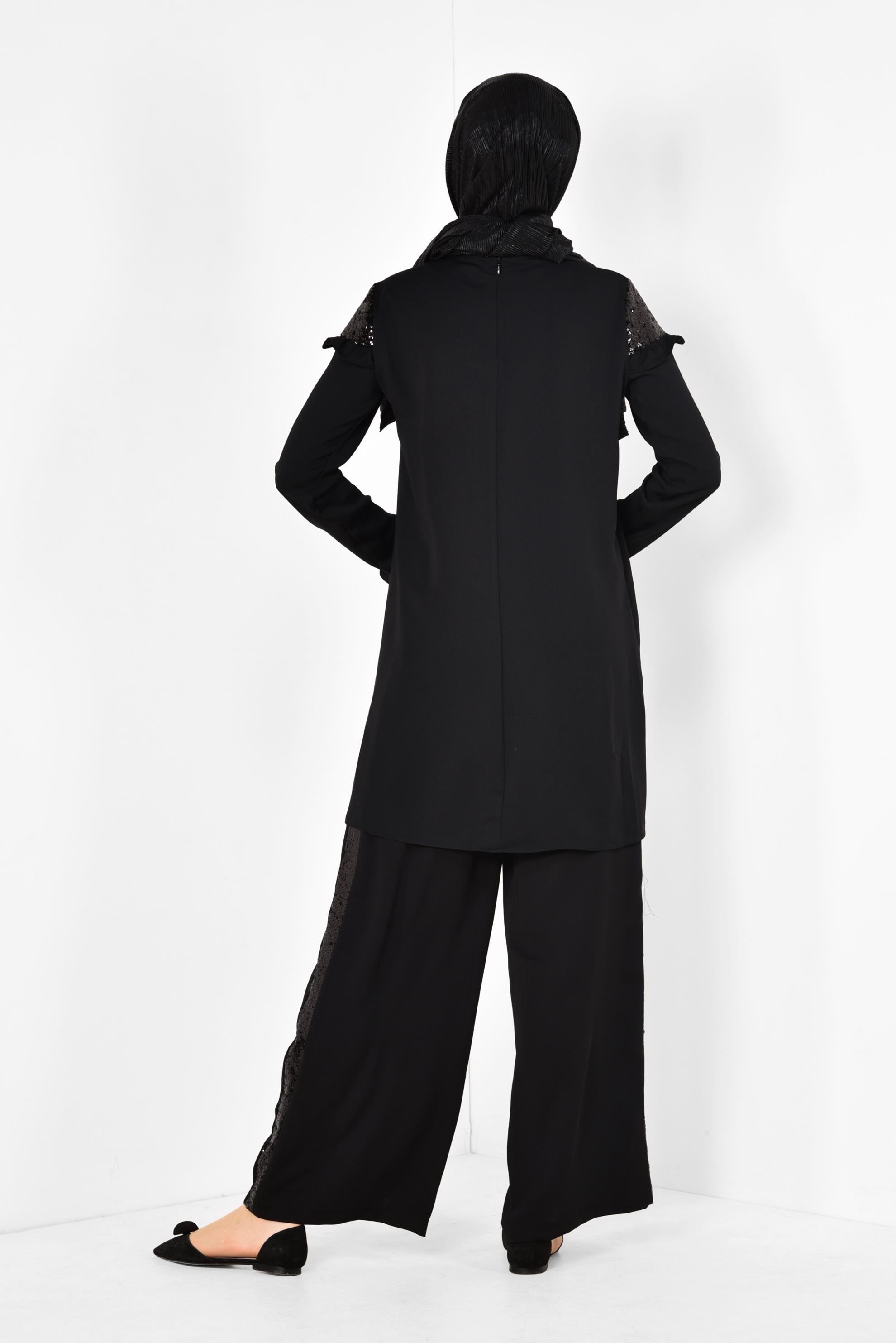 Tesettür giyim SİYAH PULLU FIRFIRLI PANTOLONLU TAKIM 4252