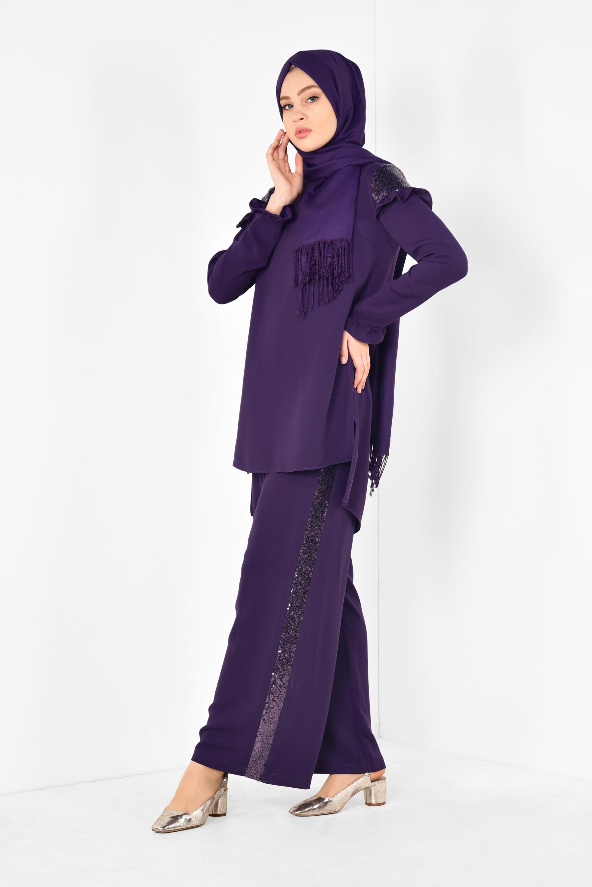 Tesettür giyim MOR PULLU FIRFIRLI PANTOLONLU TAKIM 4252