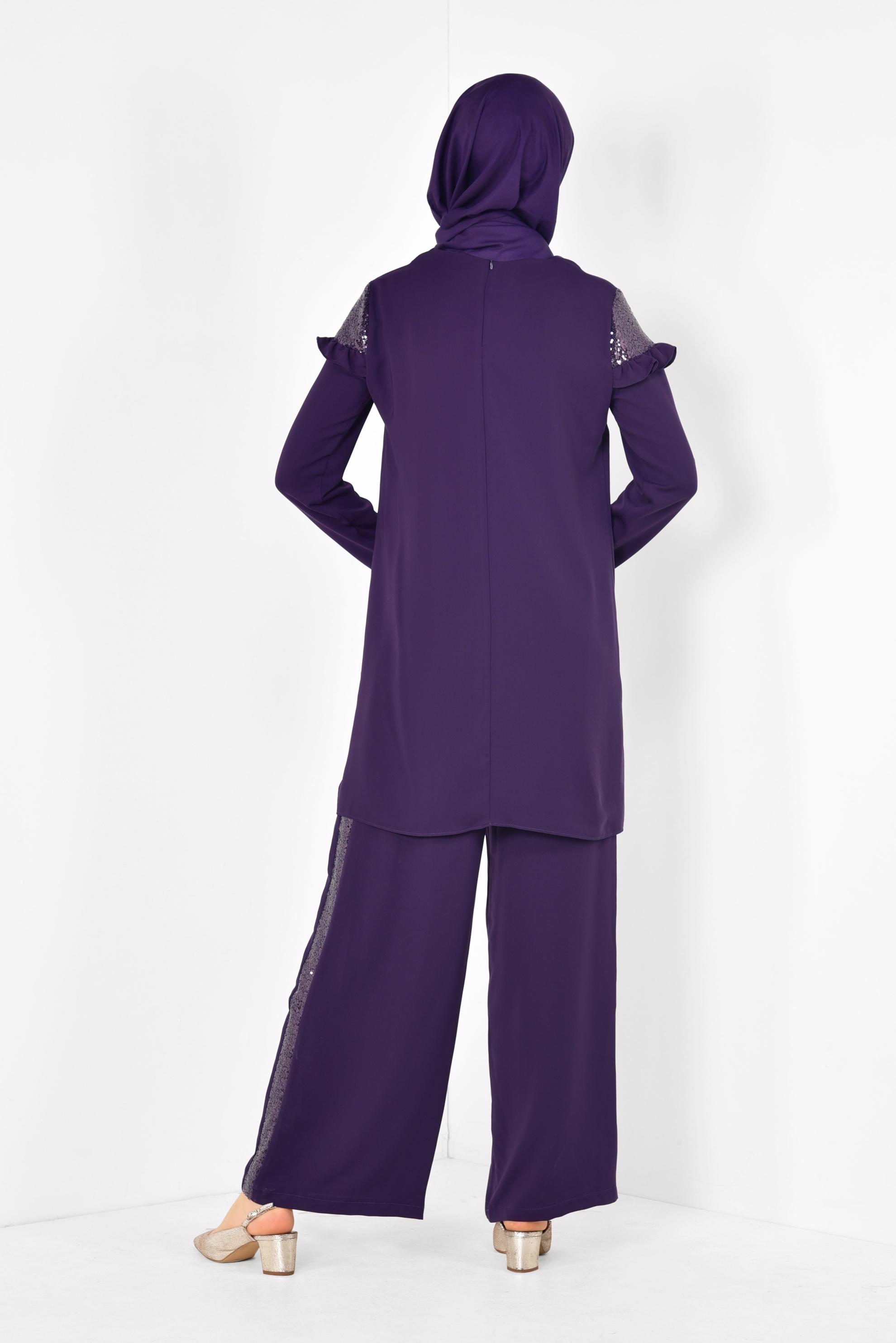 Tesettür giyim MOR PULLU FIRFIRLI PANTOLONLU TAKIM 4252