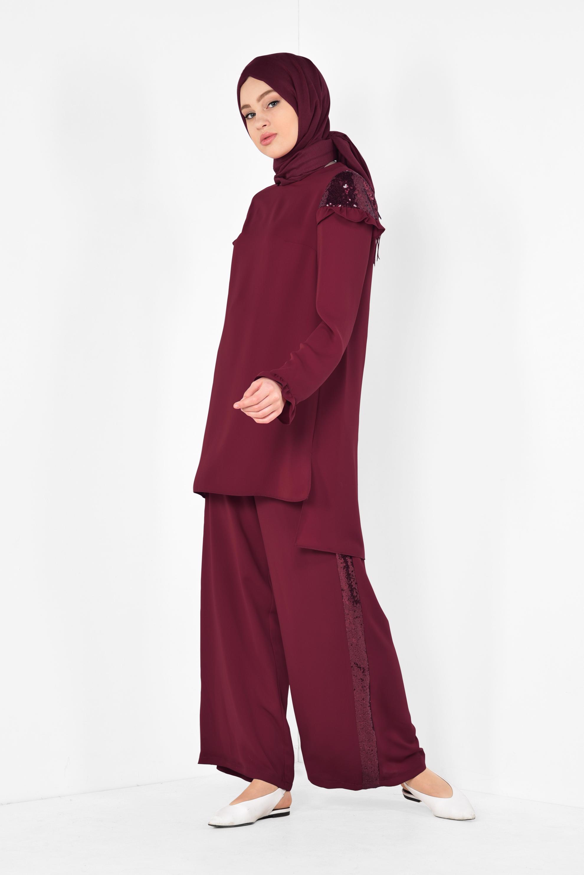 Tesettür giyim BORDO PULLU FIRFIRLI PANTOLONLU TAKIM 4252