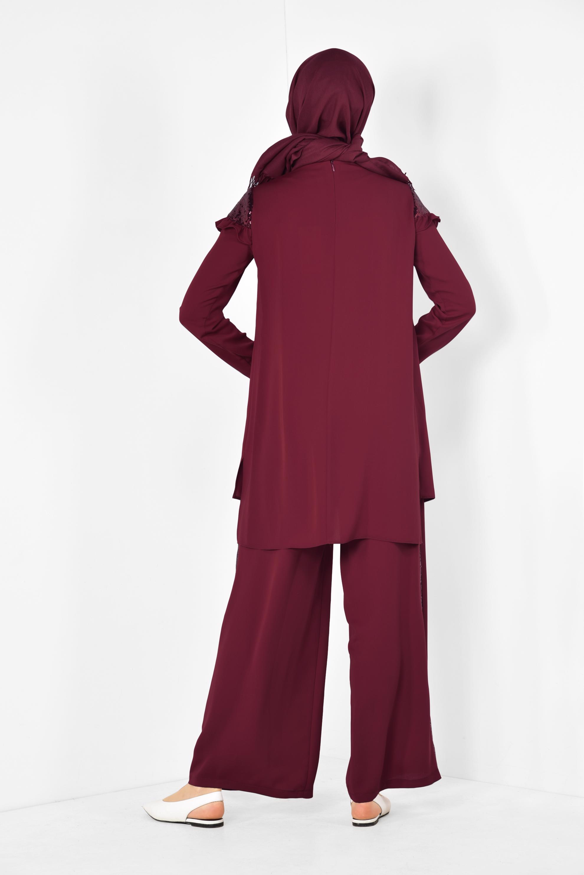 Tesettür giyim BORDO PULLU FIRFIRLI PANTOLONLU TAKIM 4252