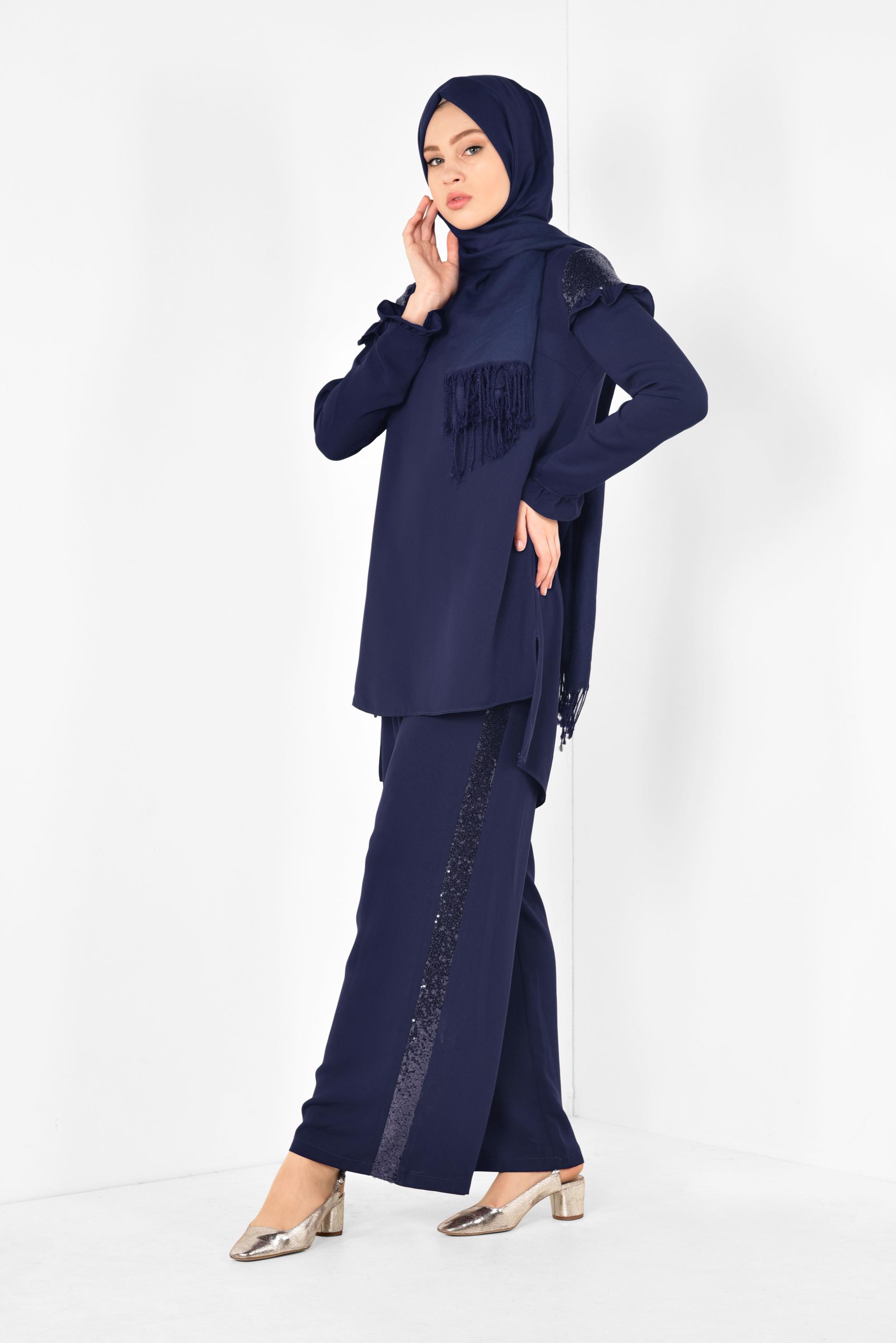 Tesettür giyim LACİVERT PULLU FIRFIRLI PANTOLONLU TAKIM 4252