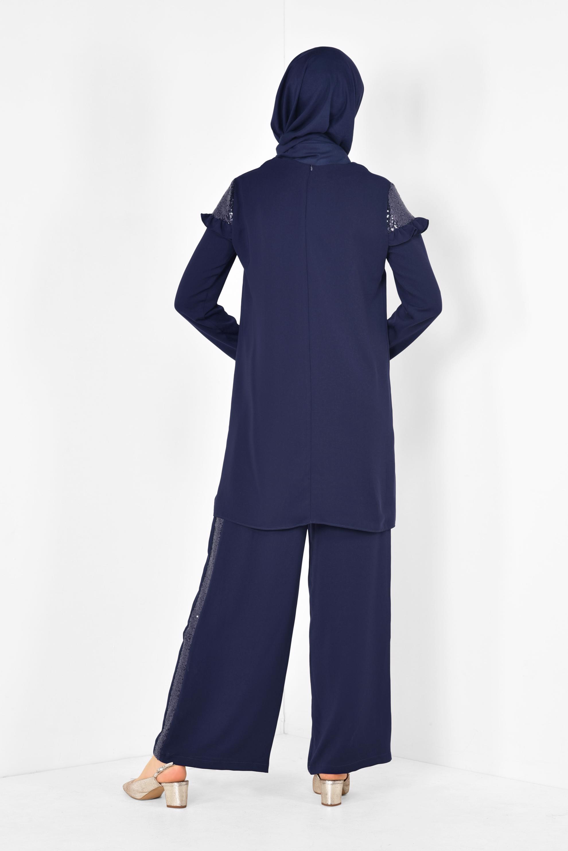 Tesettür giyim LACİVERT PULLU FIRFIRLI PANTOLONLU TAKIM 4252