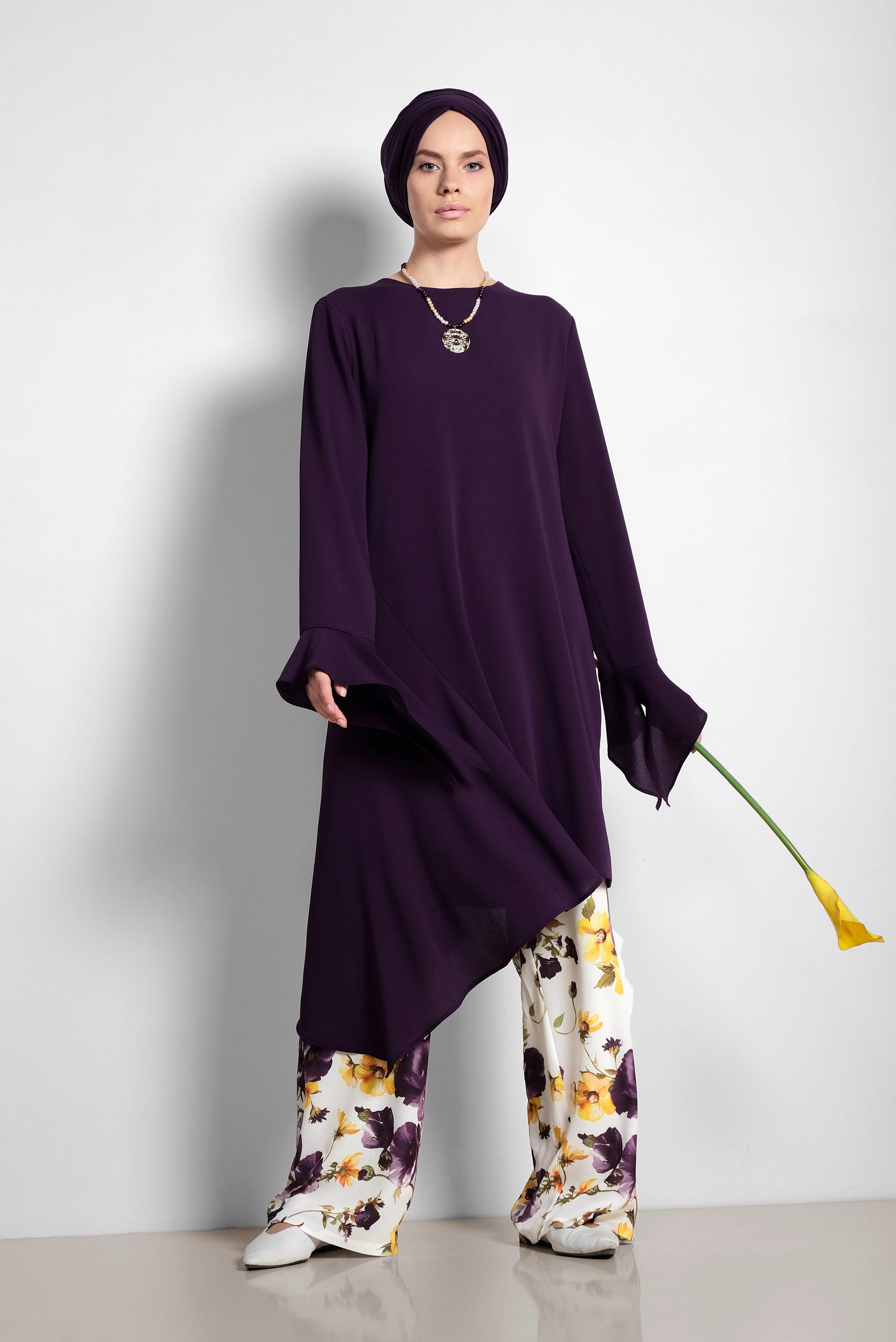Tesettür giyim MOR RAHAT KESİM ÇİÇEK DESENLİ PANTOLONLU TAKIM 4293