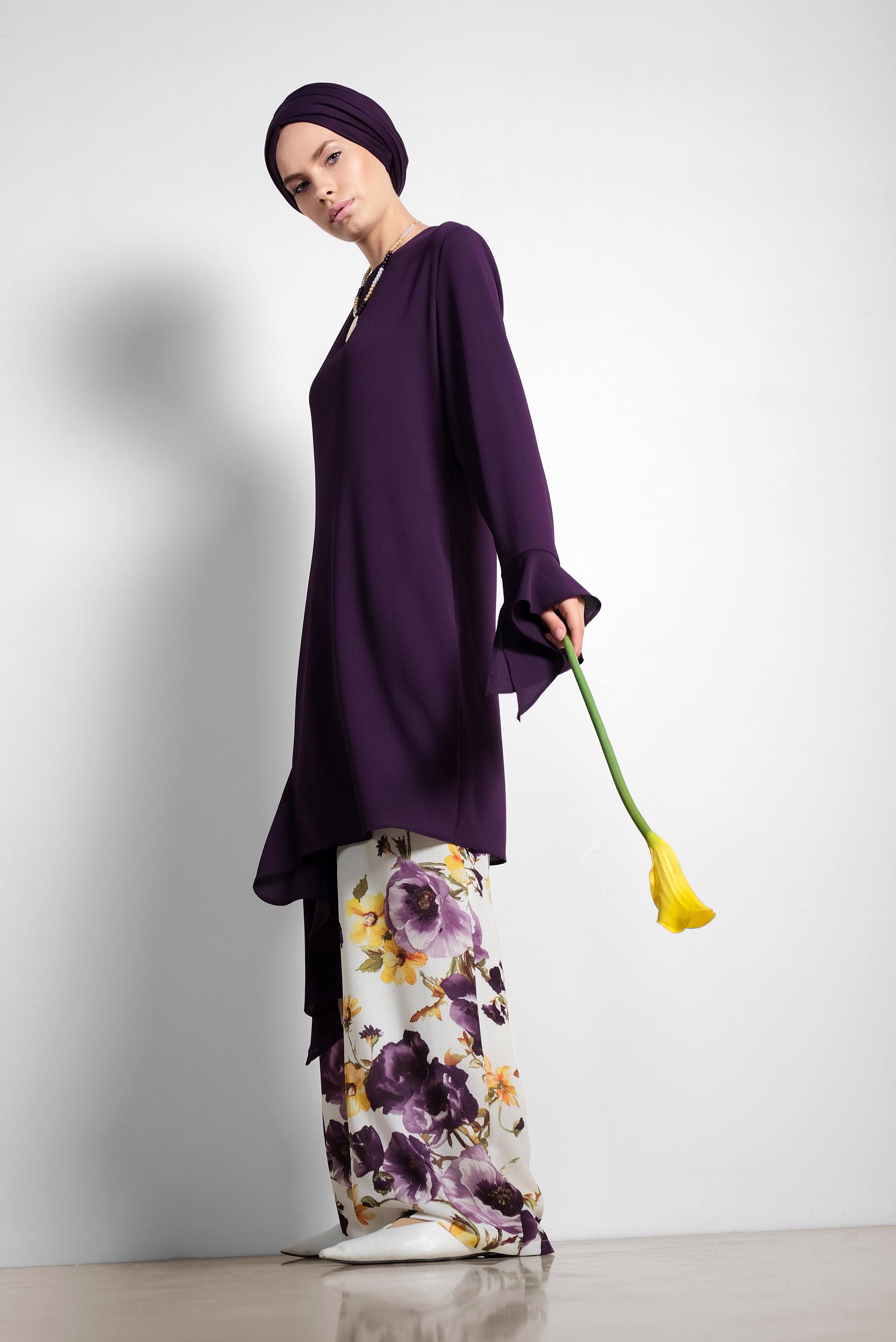 Tesettür giyim MOR RAHAT KESİM ÇİÇEK DESENLİ PANTOLONLU TAKIM 4293