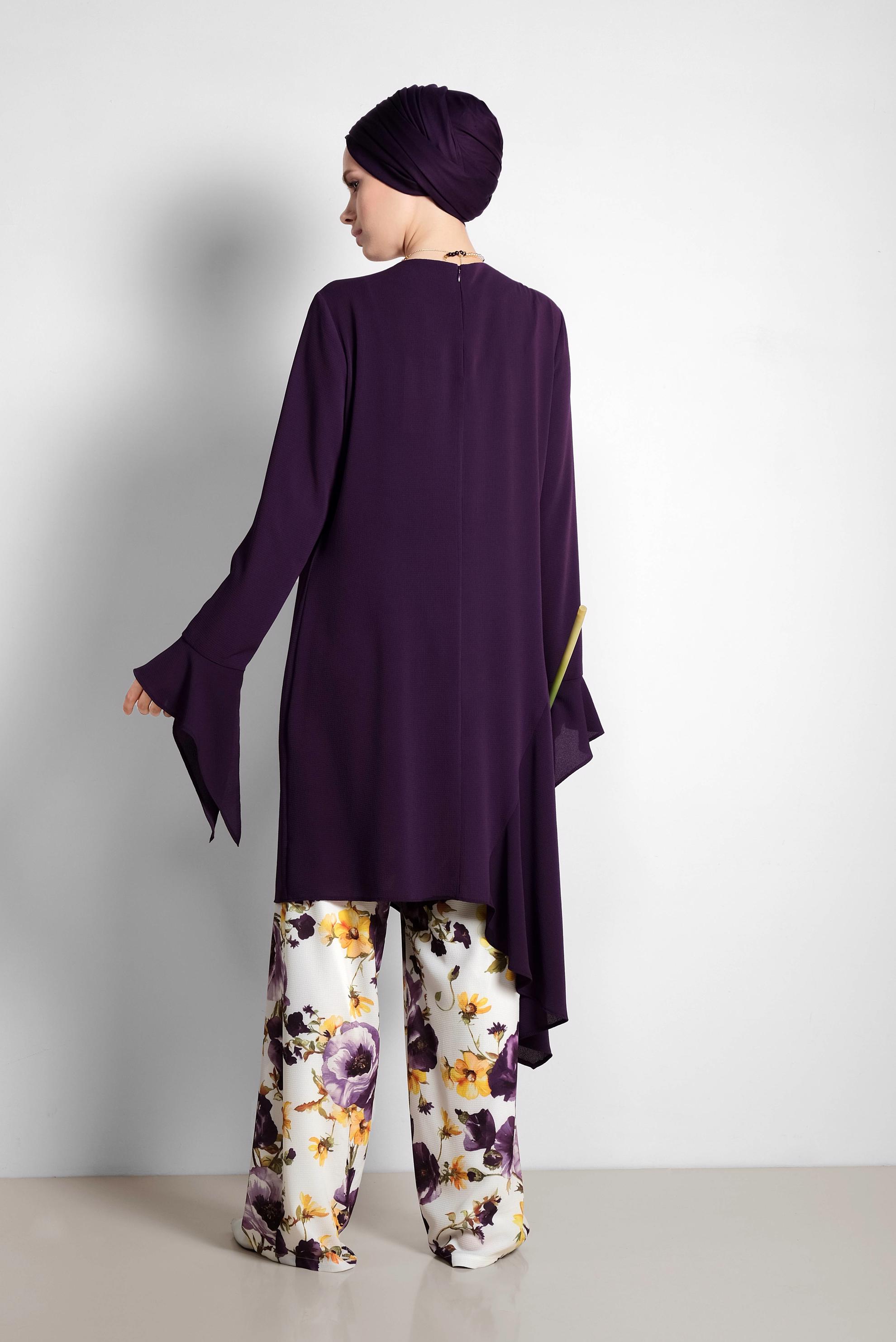 Tesettür giyim MOR RAHAT KESİM ÇİÇEK DESENLİ PANTOLONLU TAKIM 4293