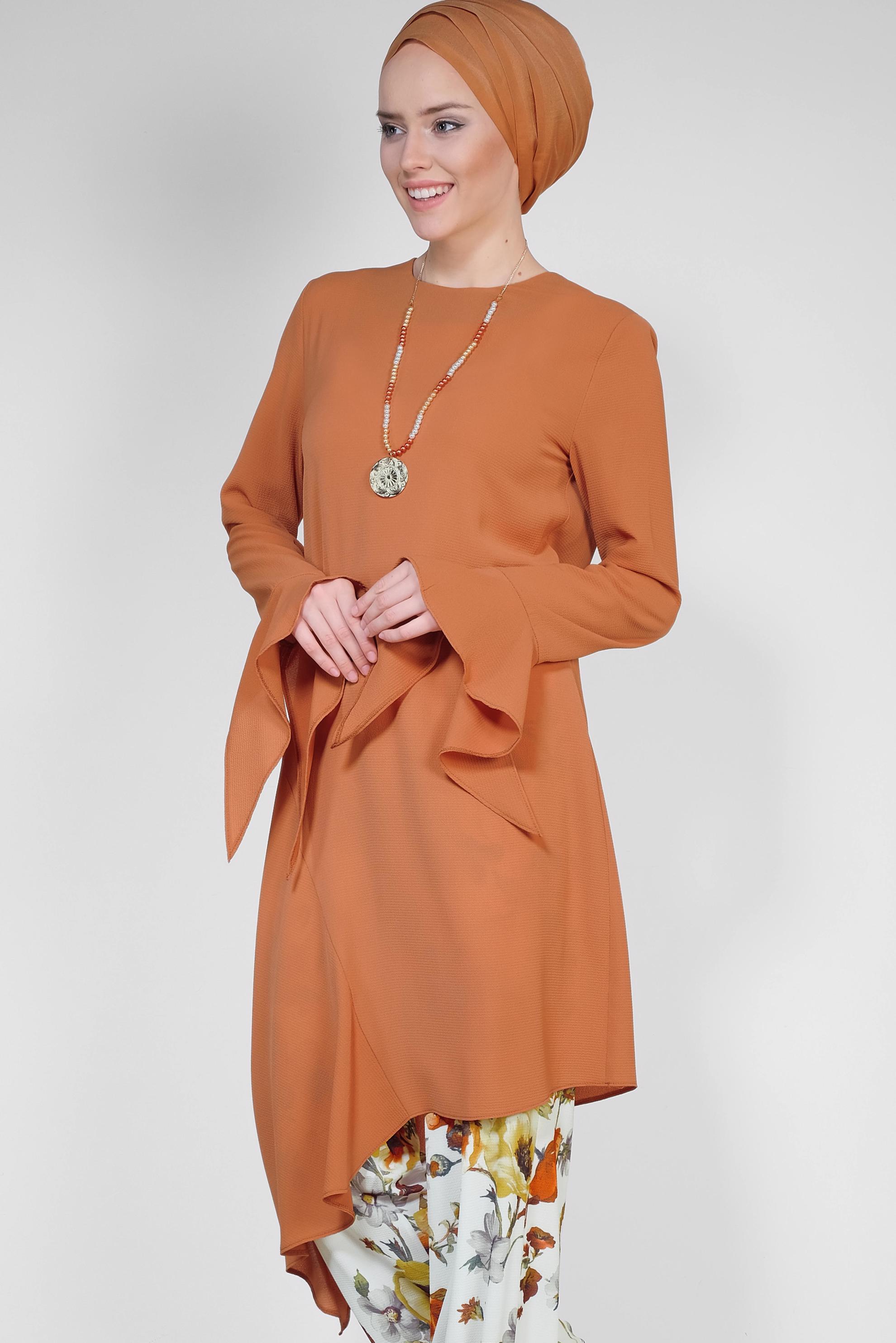 Tesettür giyim TURUNCU RAHAT KESİM ÇİÇEK DESENLİ PANTOLONLU TAKIM 4293