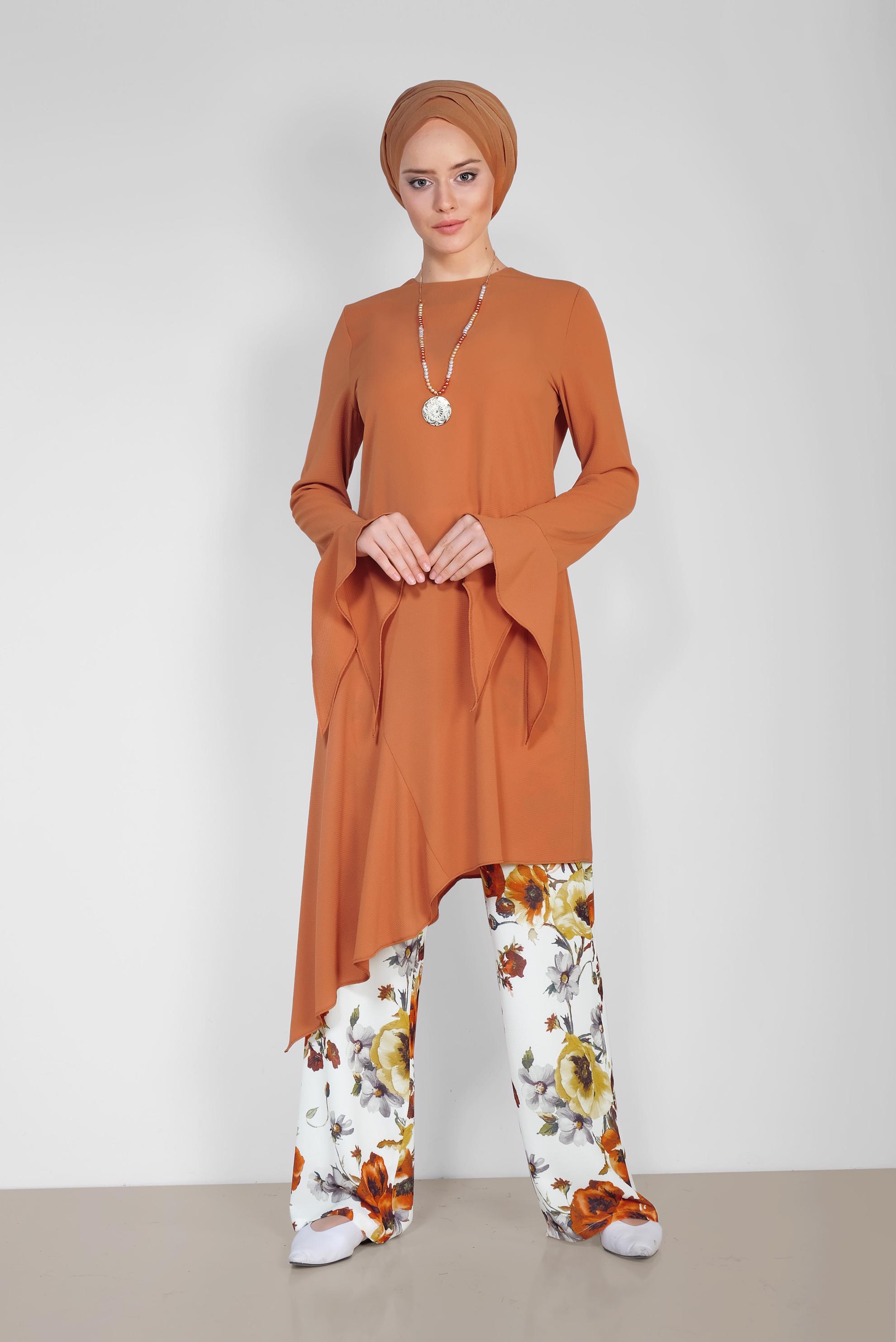 Tesettür giyim TURUNCU RAHAT KESİM ÇİÇEK DESENLİ PANTOLONLU TAKIM 4293