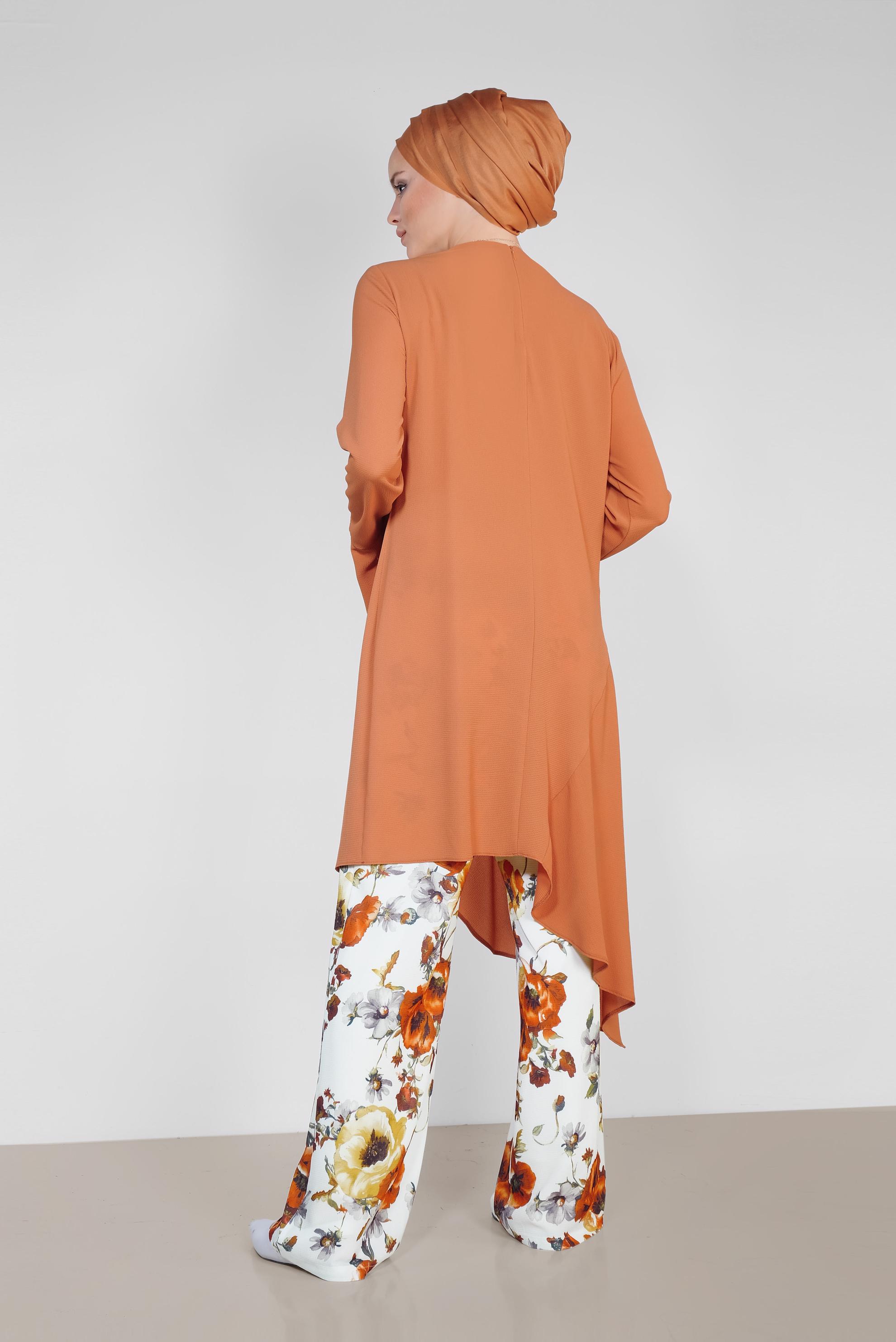 Tesettür giyim TURUNCU RAHAT KESİM ÇİÇEK DESENLİ PANTOLONLU TAKIM 4293