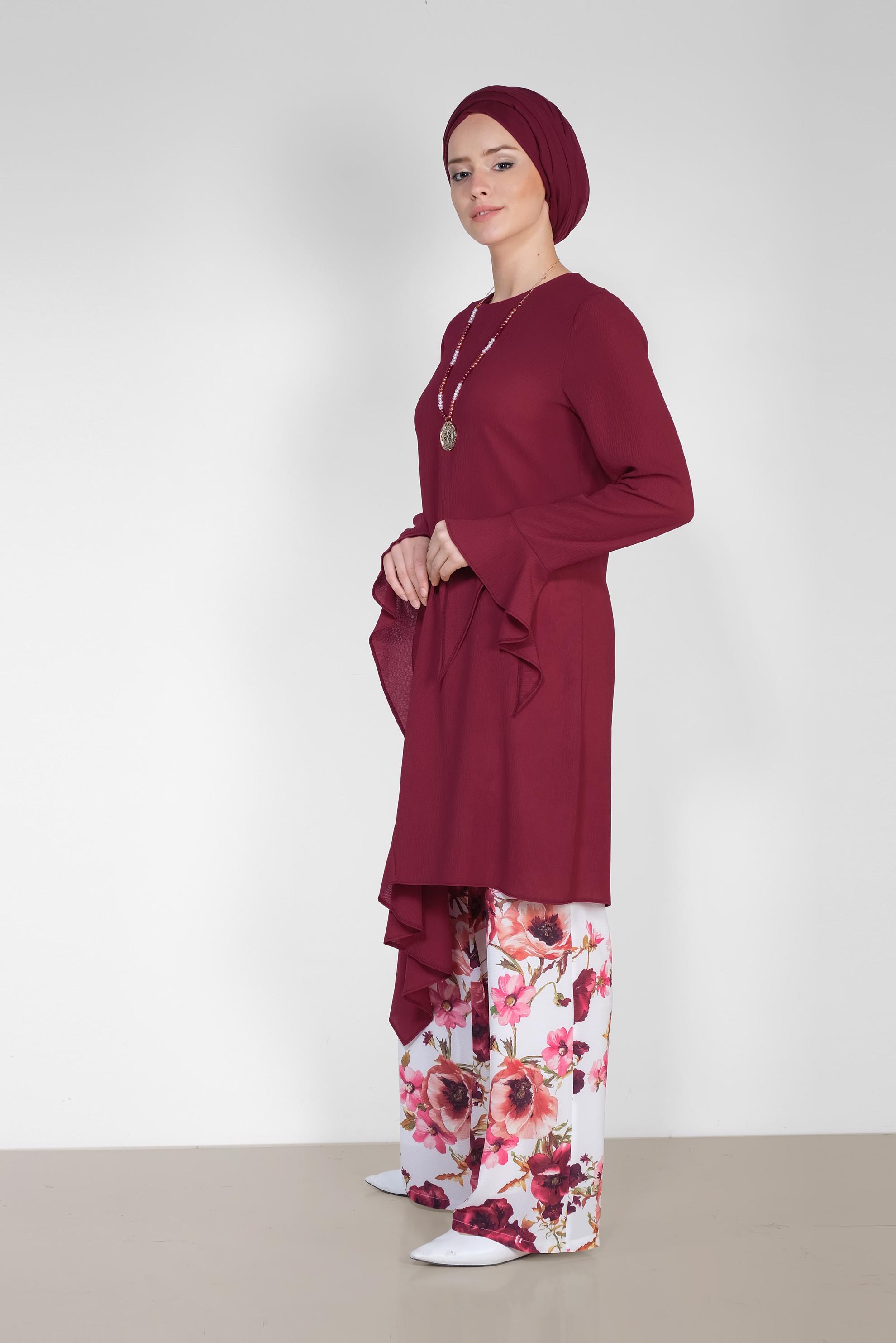 Tesettür giyim BORDO RAHAT KESİM ÇİÇEK DESENLİ PANTOLONLU TAKIM 4293