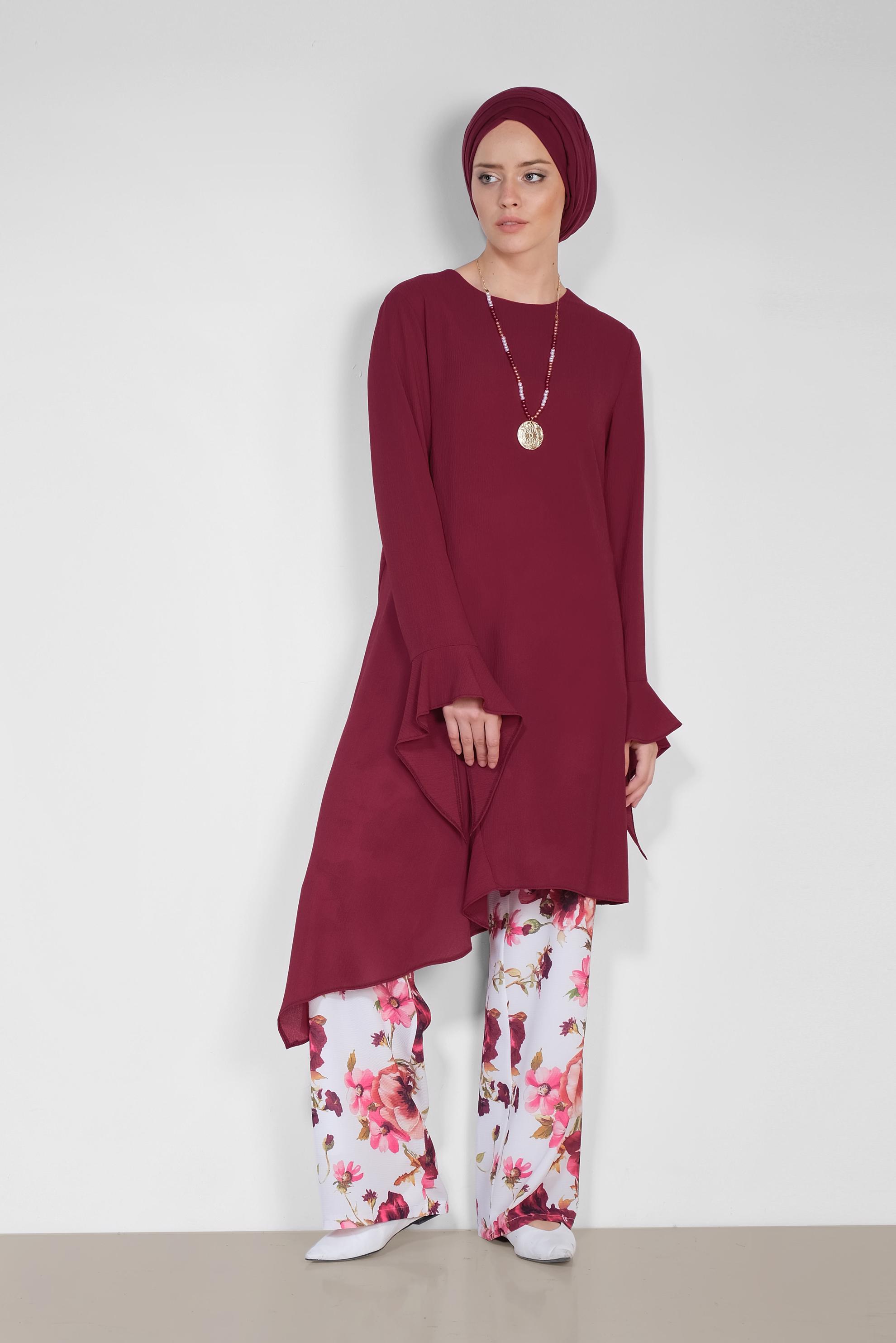Tesettür giyim BORDO RAHAT KESİM ÇİÇEK DESENLİ PANTOLONLU TAKIM 4293
